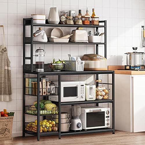 Kitchen Bakers Rack with Baskets,5-Tier Utility Storage Shelf with Hooks, Microwave Oven Stand Rack, Free Standing Kitchen Shelf Vintage Grey