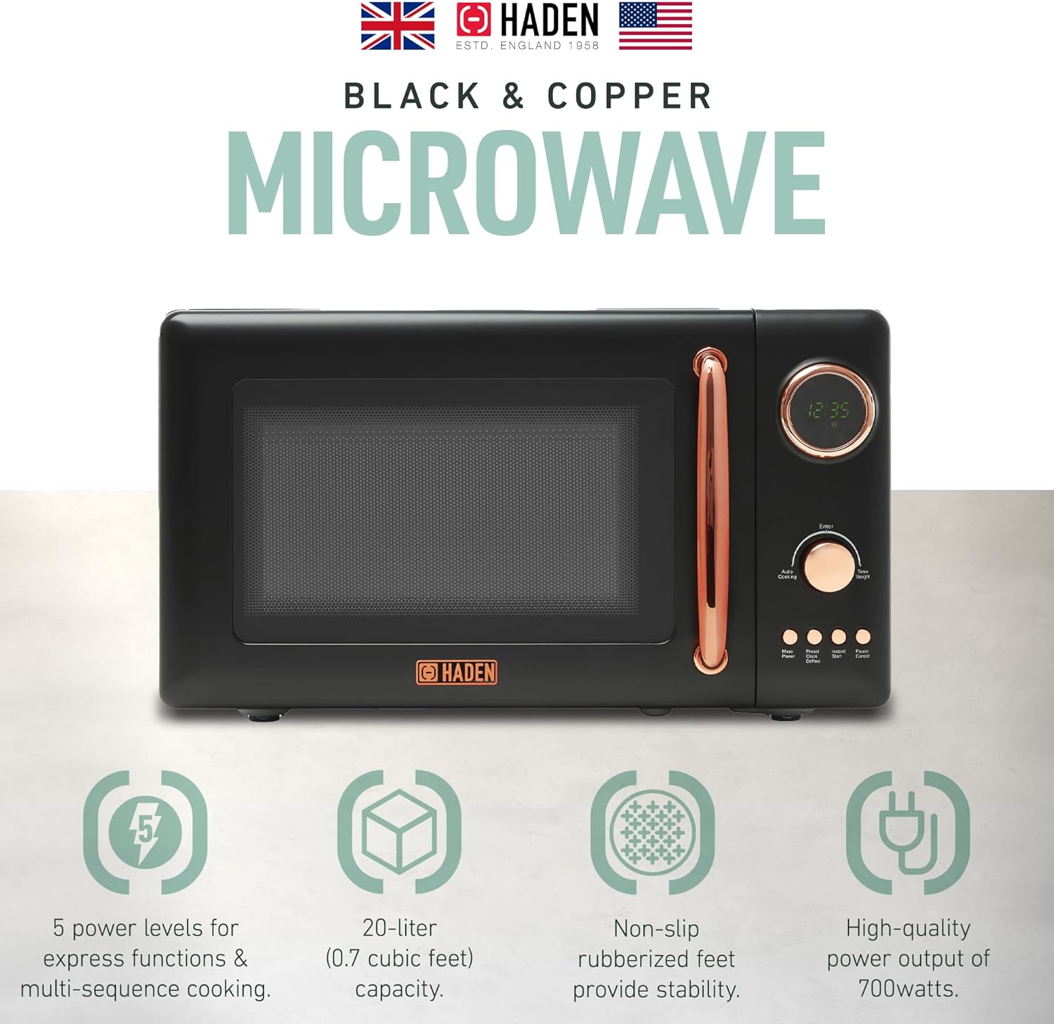Haden 700 Watt 0.7 Cubic Foot Microwave Oven with Digital Controls, Defrost, and Instant Start Countertop Small Appliance, Black/Copper