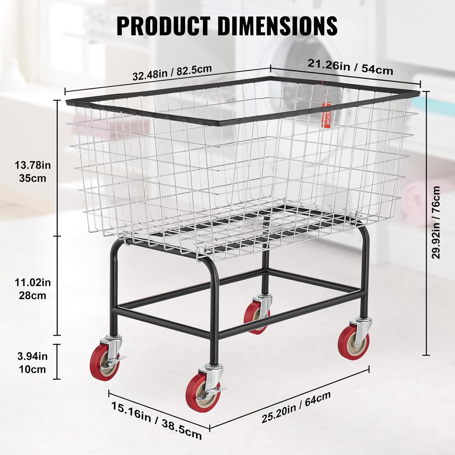 VEVOR Wire Laundry Cart, 3.8Bushel Wire Laundry Basket with Wheels, 32.5''x21.3''x29.9'', Commercial Laundry Basket, Steel Frame with Chrome Finish, 4'' Casters, Wire Cart for Laundry