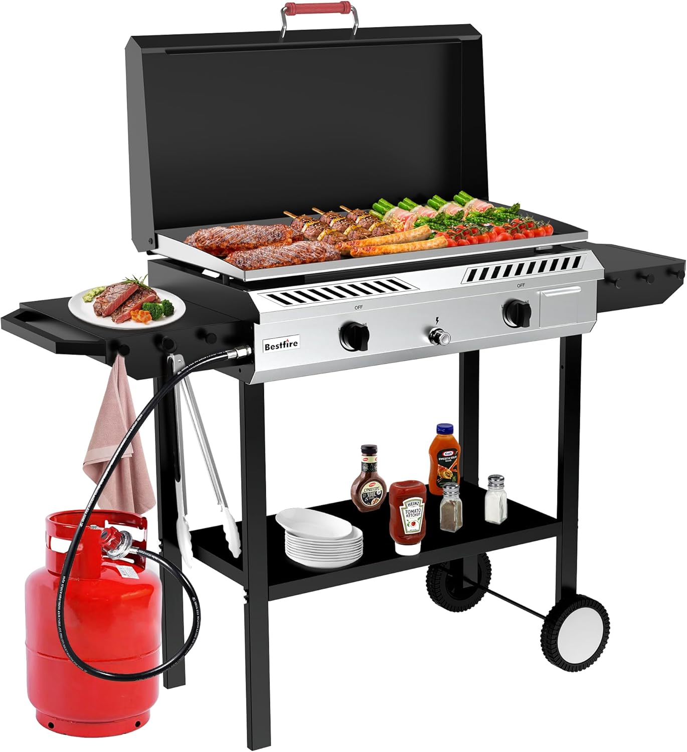 Bestfire 2 Burner Outdoor Propane Gas Stove with Auto Ignition & Regulator, 150,000 BTU High-Pressure Stand Cooker with Flat Top Grill Griddle & Shelf, Portable Cast Iron Burner for Canning & Frying