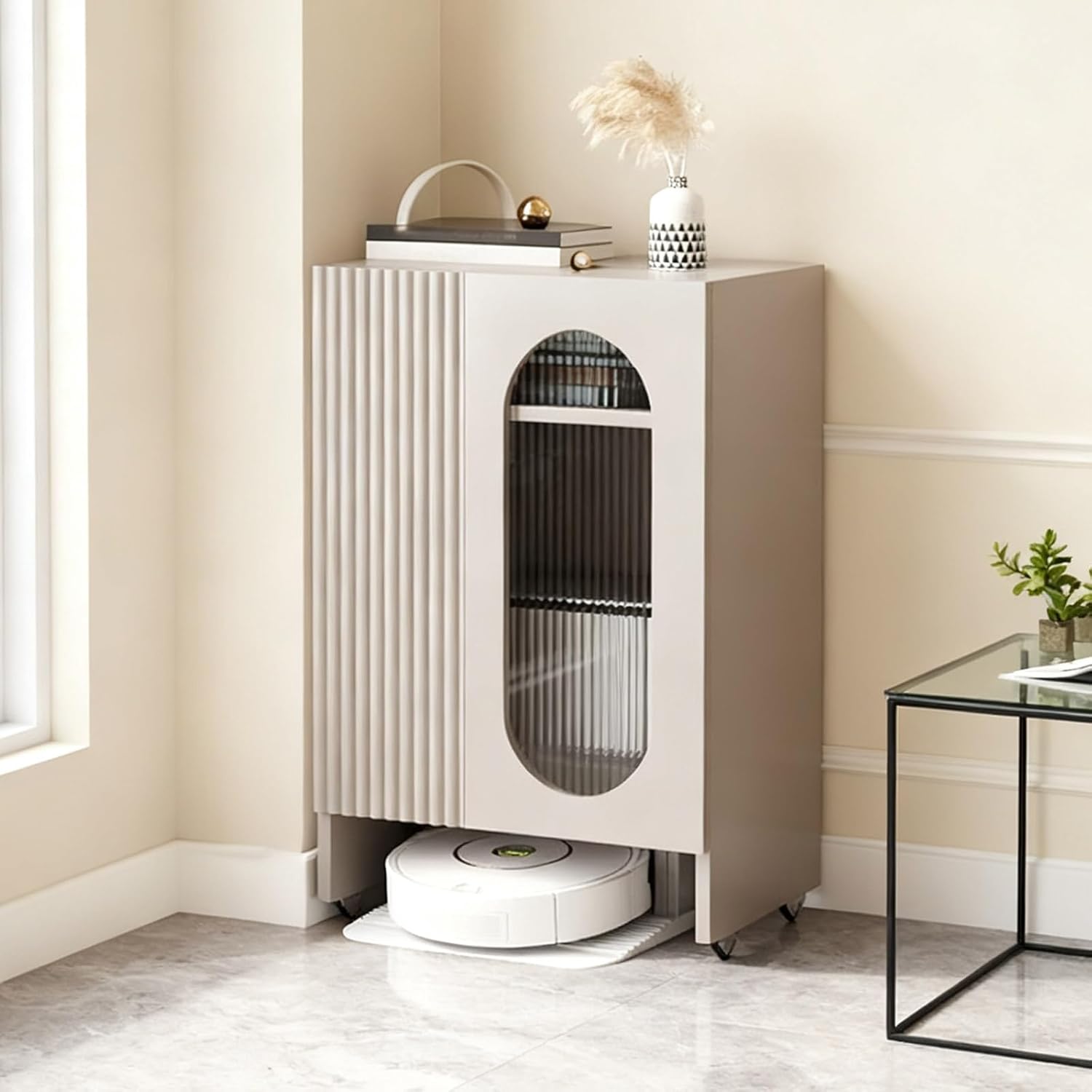 Sweeping Robot Storage Rack with Tempered Glass Door Robot Vacuum Pet Hair Cabinet Vacuum Storage Cabinet for Living Room Office Side Table with Storage Cabinet(Brown)