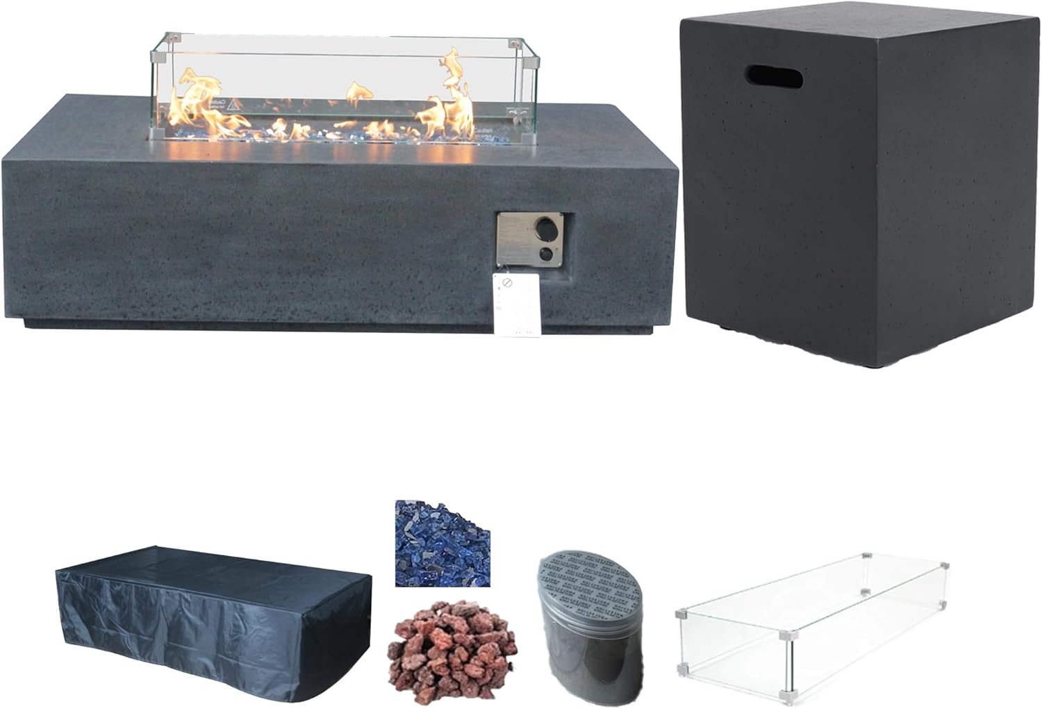 52 Inch Outdoor Propane Fire Pit Table & 20 LB Concrete Propane Tank Cover, 65,000 BTU Rectangle Fire Pit, Free Lava Rocks, Side Table Storage with Handles for Patio Garden Backyard, Dark Gray