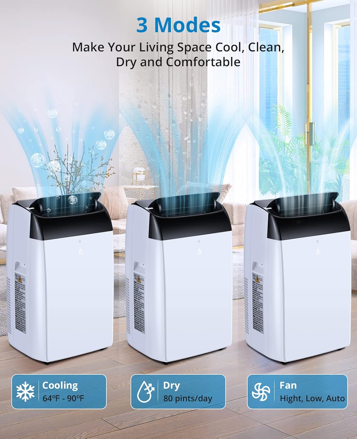 12000 BTU Portable Air Conditioner, with Remote Control, 3-in-1 Free Standing Cooling AC Unit with Fan & Dehumidifier, Cools Room up to 550 sq.ft, Smart/Sleep Mode,3 Speed,Auto Swing,24H Timer, White