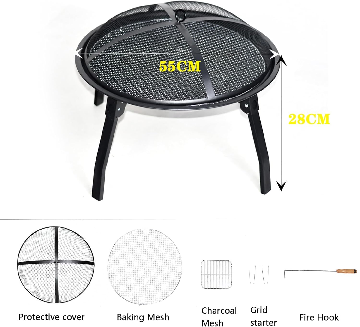 Collapsible Fire Pit,Fire Brazier,with Spark Guard,Storage Bag,for Terrace,Charcoal Fire,Heating,Diameter 55cm,Steel,Black