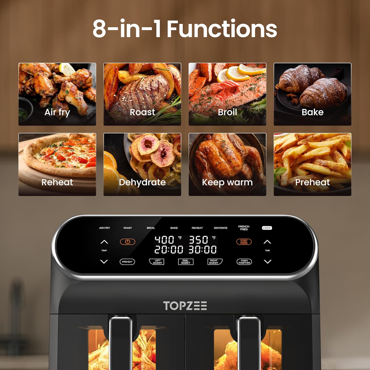 Topzee 8QT Dual Basket Air Fryer – Large 8-Quart Air Fryer with Independent Temperature Control, 8 Preset Functions, Match & Finish Together Mode, Clear Viewing Windows, Black
