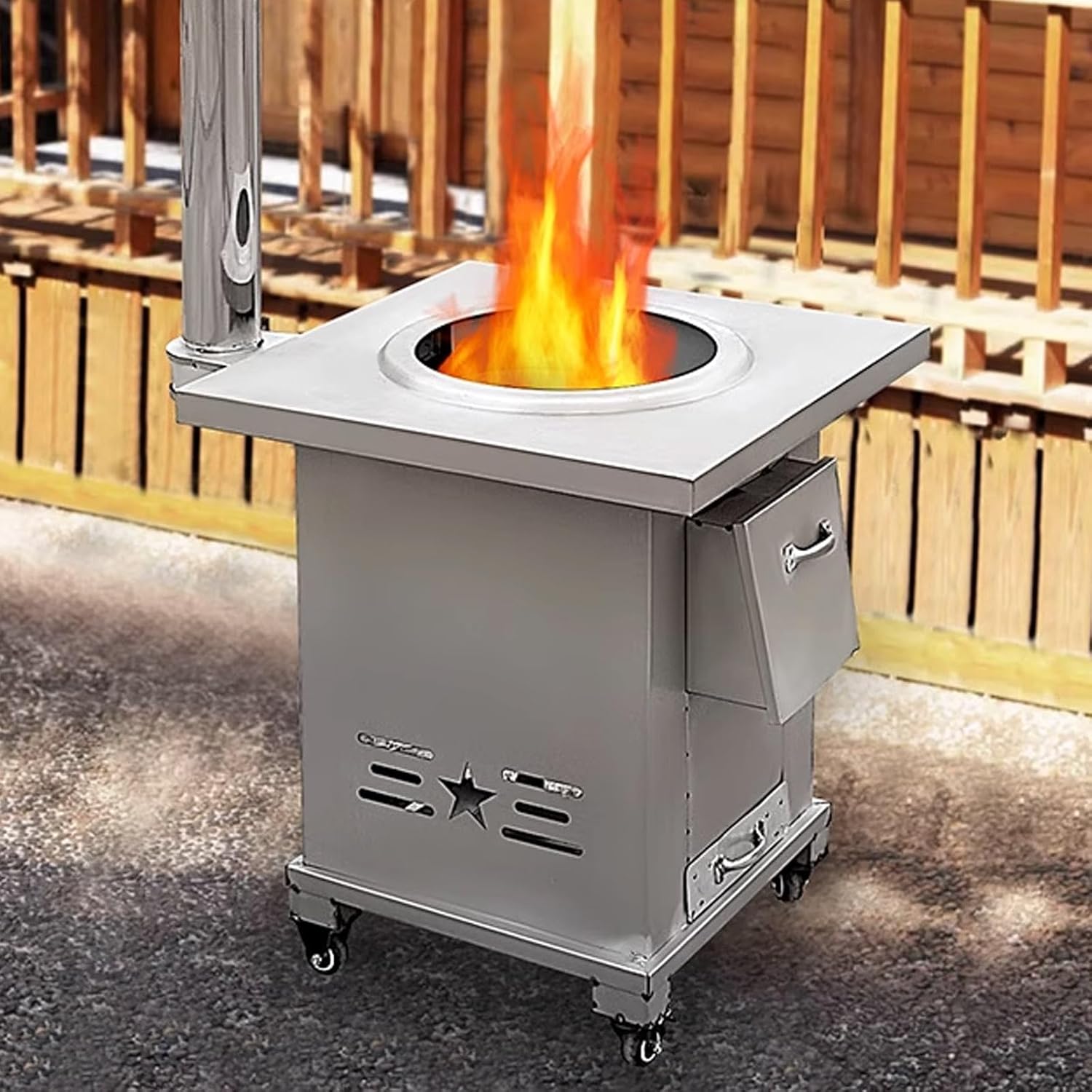 Indoor and Outdoor Wood Burning Stove, Camping Stoves Portable with 4 Universal Wheels, Heating Stove with 1m Smoke Pipe for Picnics, Fishing, Cooking