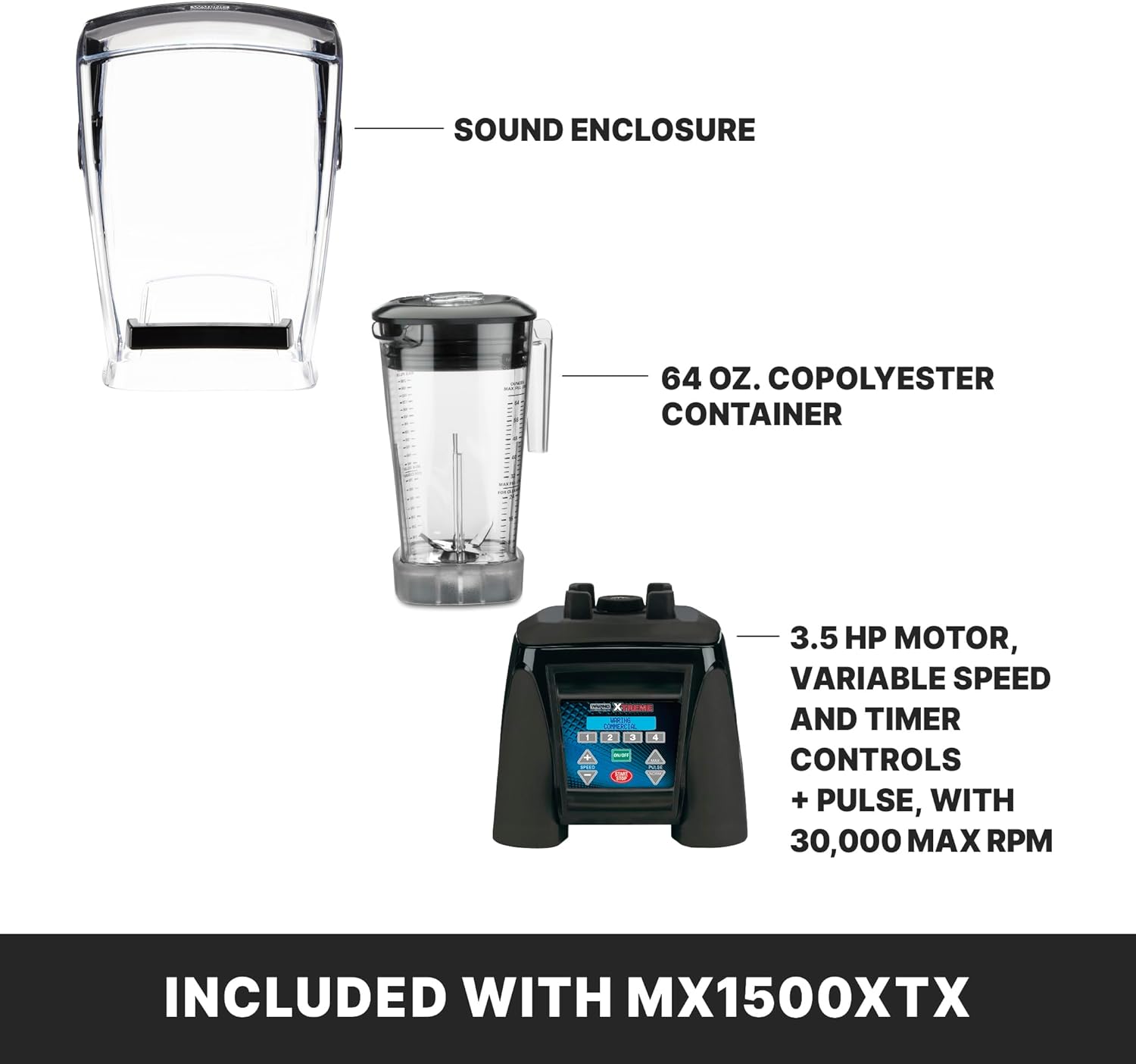 Waring Commercial MX1500XTX 3.5 HP Blender with 4 recipe programable LCD Display, Noise Reducing Sound Enclosure and 64 oz BPA Free Copolyster Container, 120V, 5-15 Phase Plug