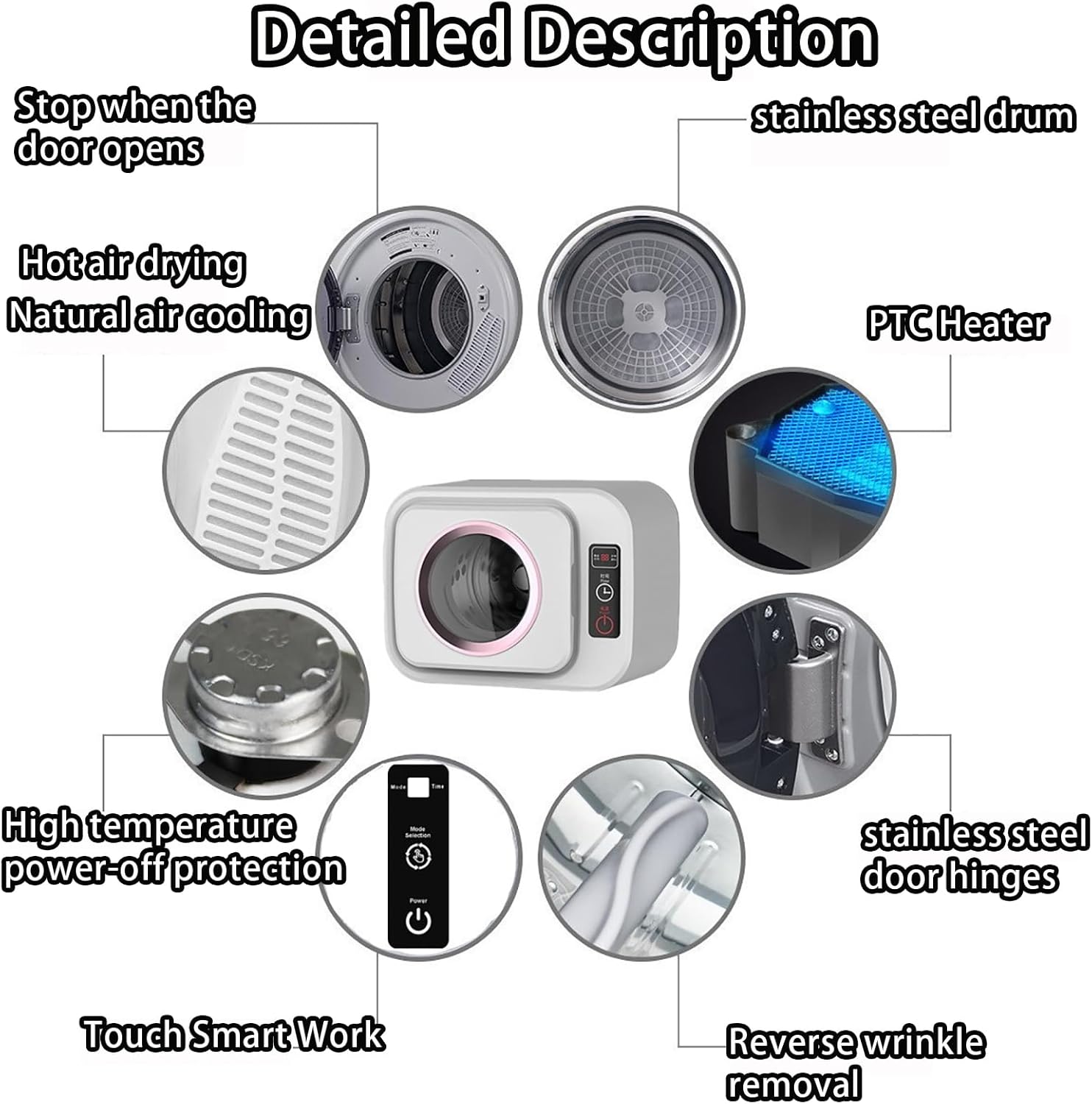 Electric Clothes Dryer Machine, Portable Clothes Dryer with LCD Touch Screen, 3 Automatic Drying Modes/Warm Air Drying/Dynamic Drying of Clothes, for Home, Apartment