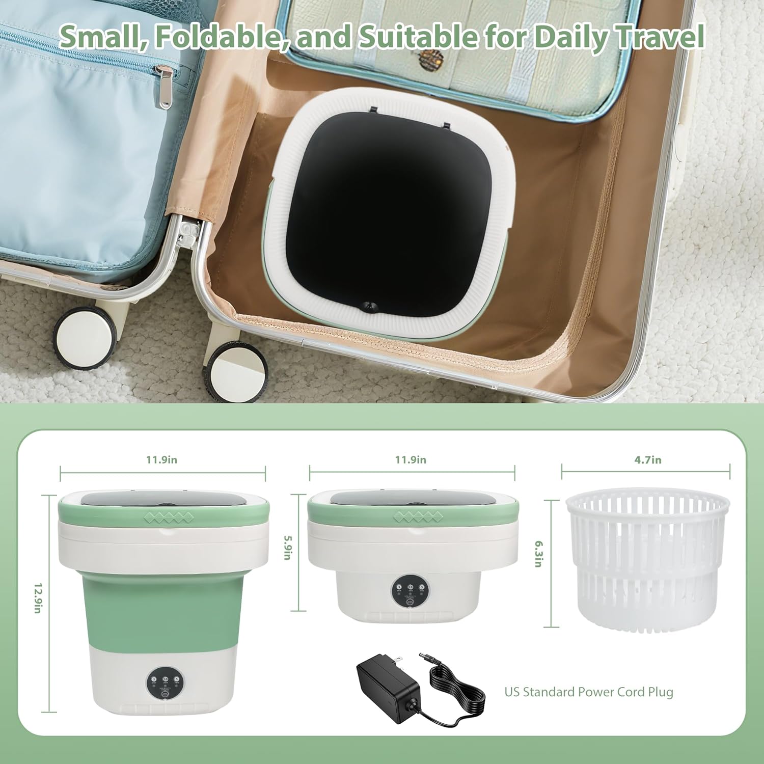 Portable Washing Machine, 17L Foldable Portable Laundry Machine and Spinner for Baby Clothes, Underwear, Socks with 3 Modes Deep Cleaning,Mini Washer for Travel, Dorms, Camping