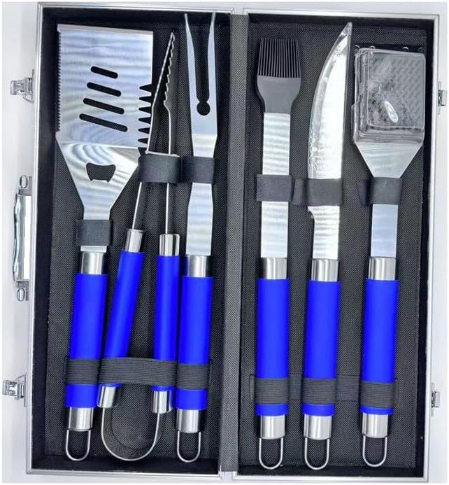 Outdoor Barbecue Tool Set, Aluminum Barbecue Utensils, 6 Barbecue Tools, High Temperature Resistant Barbecue Accessories, Portable Barbecue Storage (Blue)