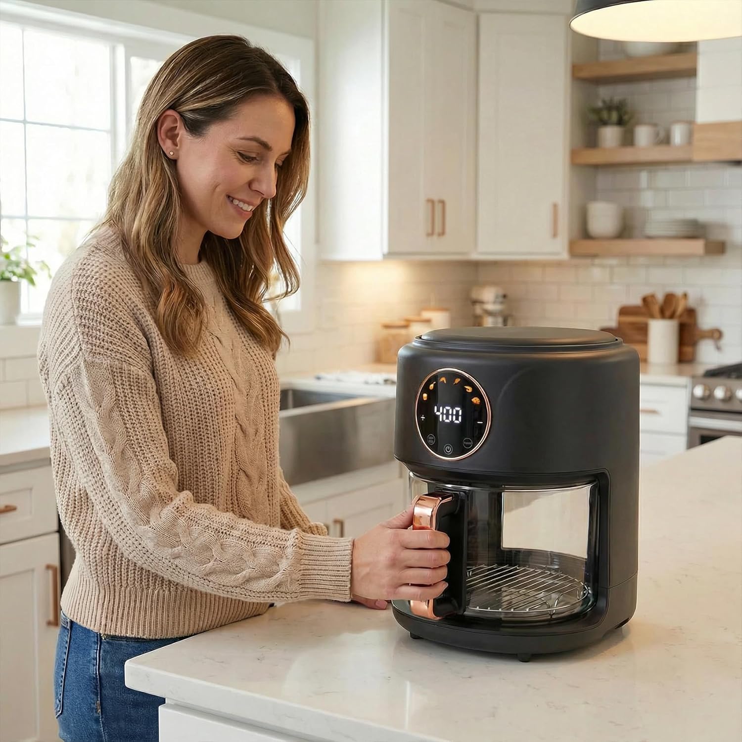 4.7QT Glass Air Fryer, 360° Viewable Glass Air Fryer Non Toxic, 6-IN-1 Preset Cook Modes, Digital Display, Adjustable Temp 100F - 400F, Nonstick, Dishwasher Safe, Black