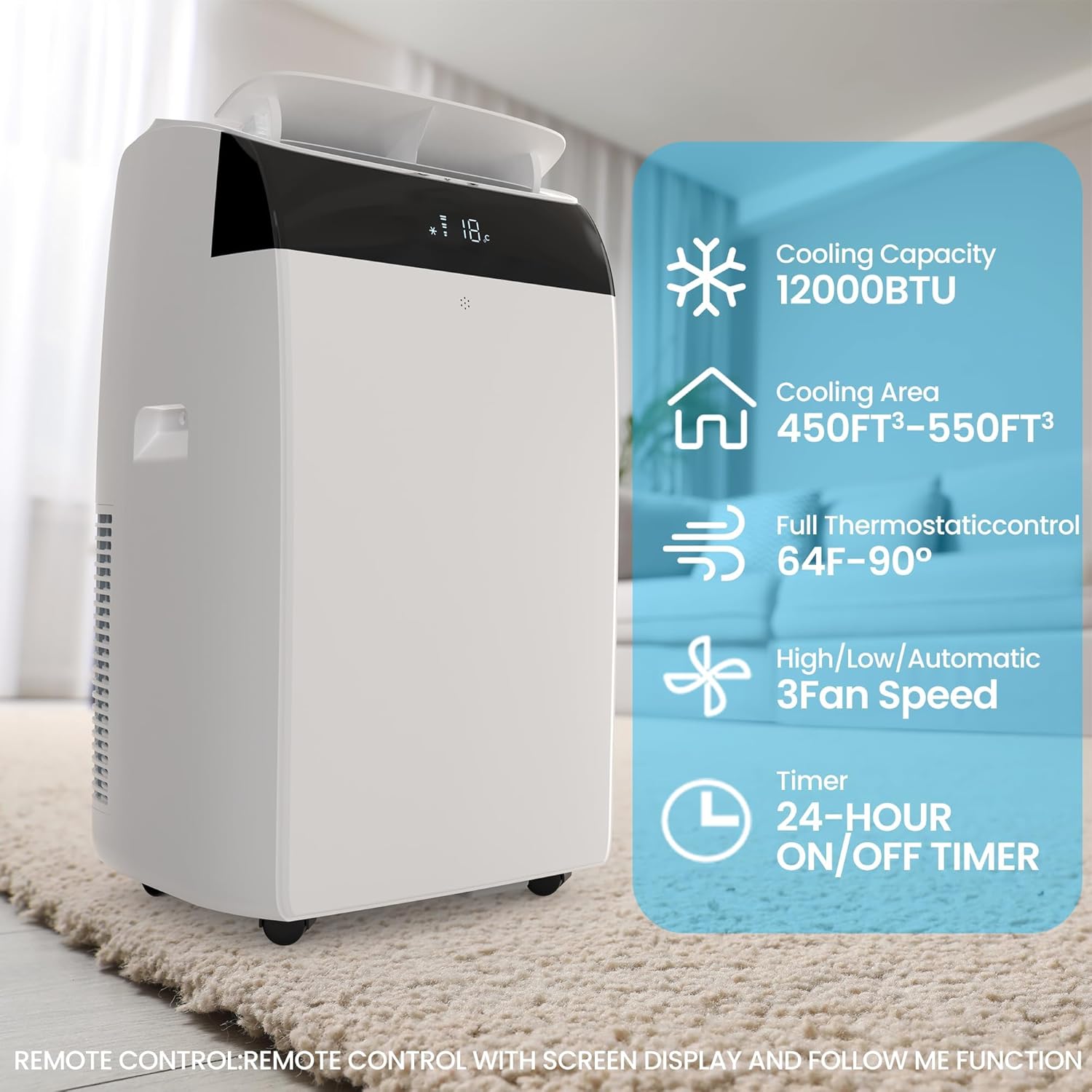 Garvee 12,000 BTU Portable Air Conditioners, 3 in-1 Energy Efficient AC Unit with Cooling, dehumidification, Fan, Low Noise, Remote Control, Cooling within 550 sq.ft, for Large Room, Office, White