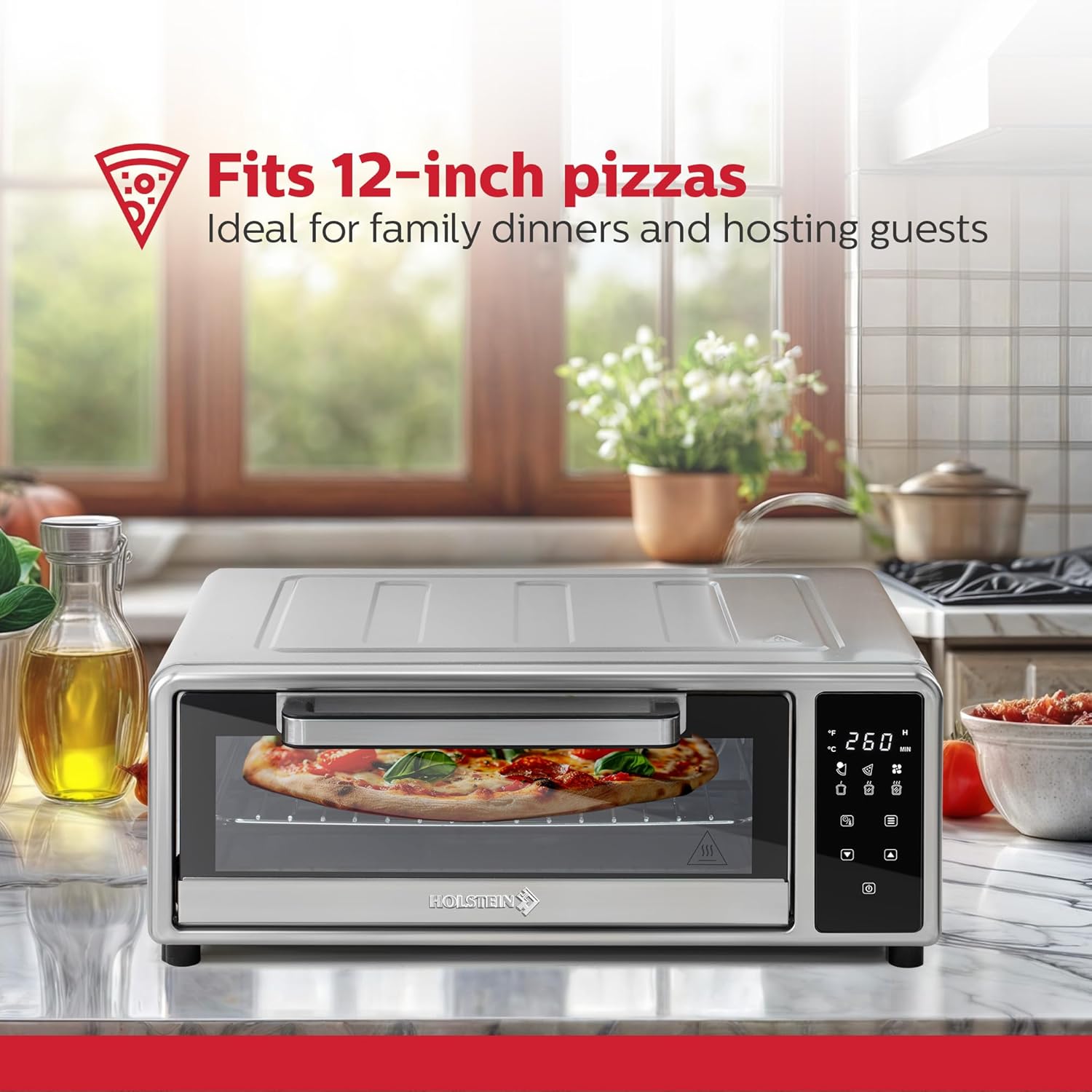 Holstein Housewares 12-Inch Pizza Air Fryer Oven – 600°F Countertop Convection Oven with Hot Air Technology for Baking, Frying & Roasting – Compact, Multi-Function, Energy-Efficient Design