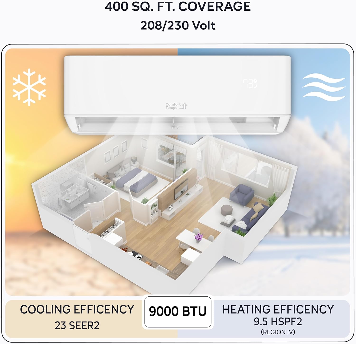 Ultra-Efficient 9000 BTU/220V Mini Split – 23 SEER for Lower Energy Bills– Pre-Charged, Ductless, Quiet & Comfortable Mini Split AC/Heating System|WiFi & Easy Install Kit |Pro Series by Comfort Temps