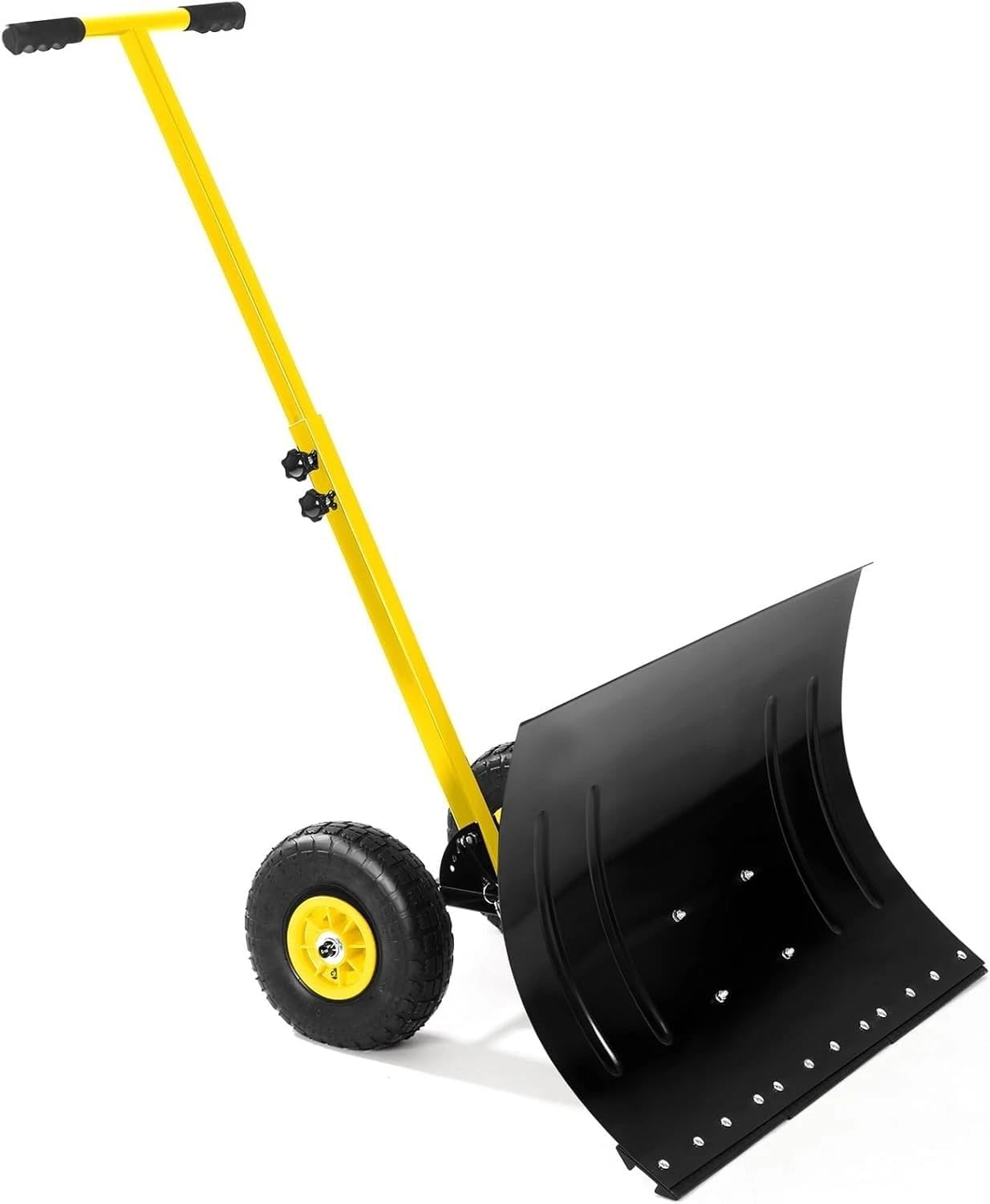 Snow Shovel Pusher w/Adjustable Handle & Wheels for Driveway Snow Removal
