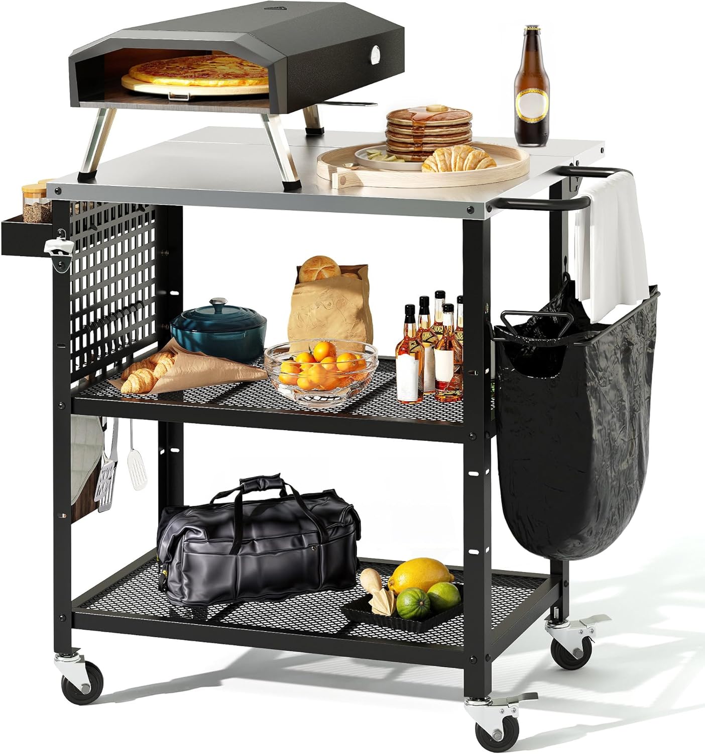 DWVO Outdoor Grill Cart Pizza Oven Table with Stainless Steel Tabletop, 31.5'' L x 27.6'' W Grill Table Movable with Storage 3-Tier Adjustable Shelf, Drop Leaf and Spice Rack for Patio, BBQ