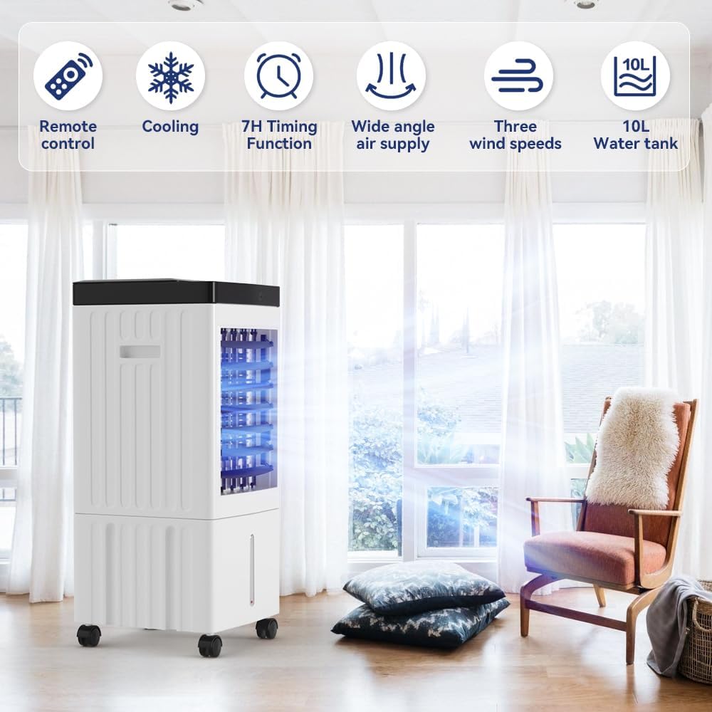 Portable 10L Evaporative Air Conditioner 3-IN-1 Evaporative Cooler w/Remote Control Fan & Humidifier Fit For Couch, bed, workspace, breakfast nook