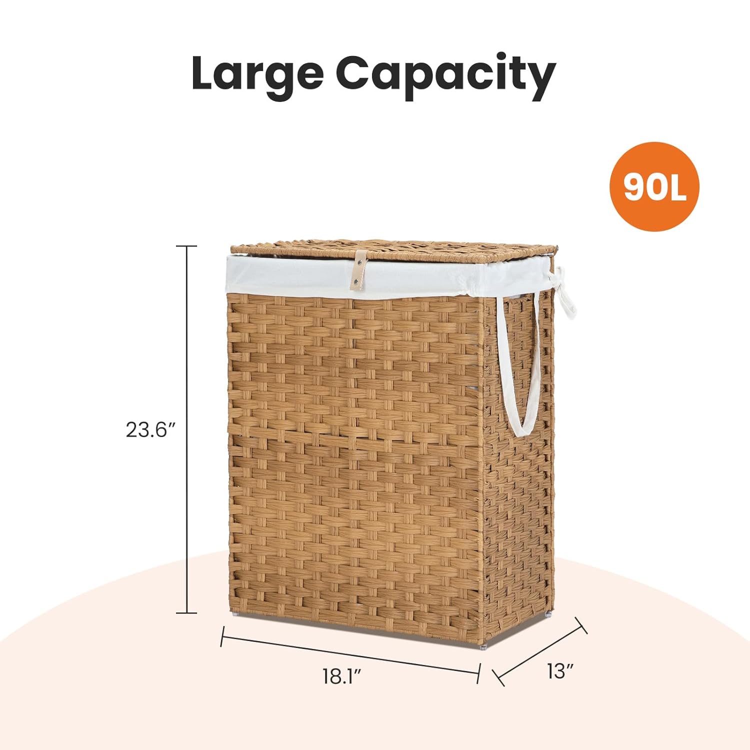 Elevon 90L Laundry Basket with Lid, Hand-Woven Pp Rattan Laundry Hamper with Compartments & Handles, Foldable, Large Capacity Clothes Basket with Removable Liner for Bathroom, Pale Yellow