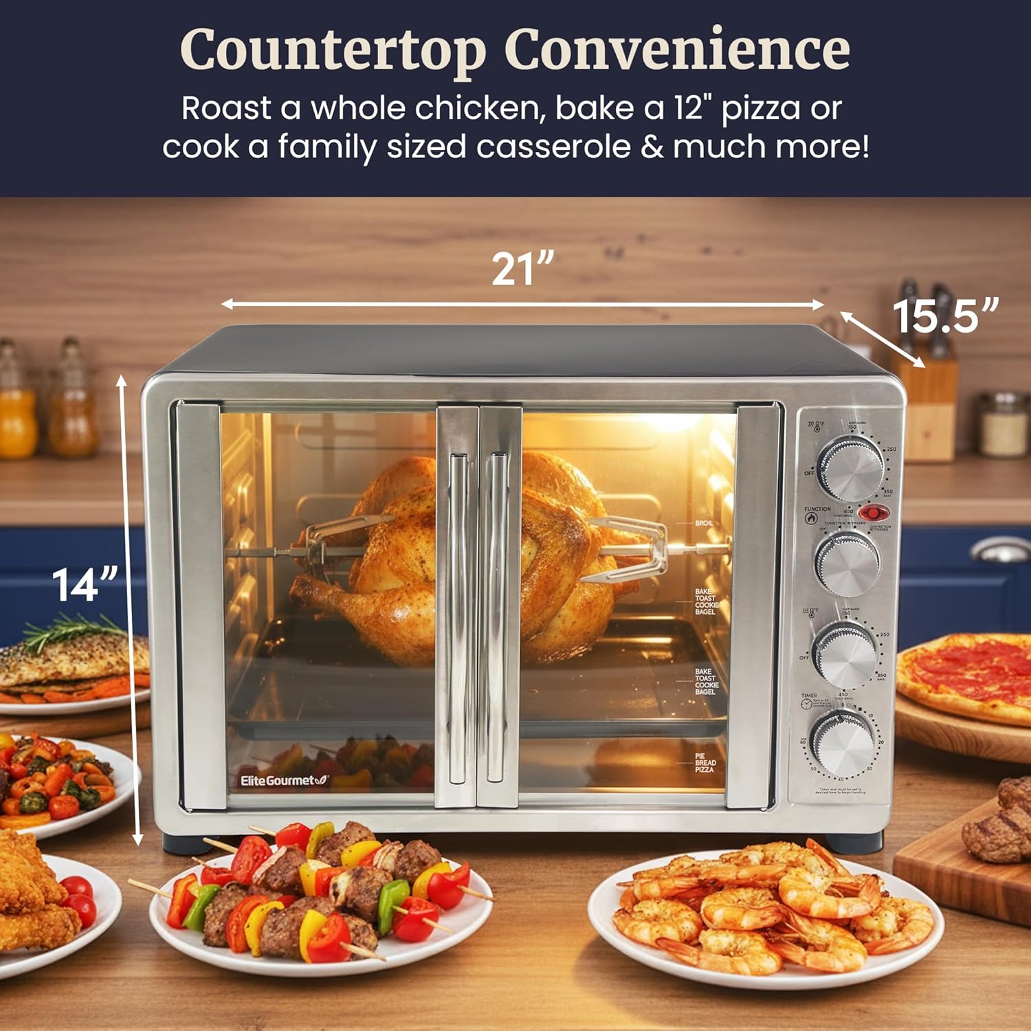 Elite Gourmet ETO-4510M French Door 47.5Qt, 18-Slice Convection Oven 4-Control Knobs, Bake Broil Toast Rotisserie Keep Warm, Includes 2 x 12
