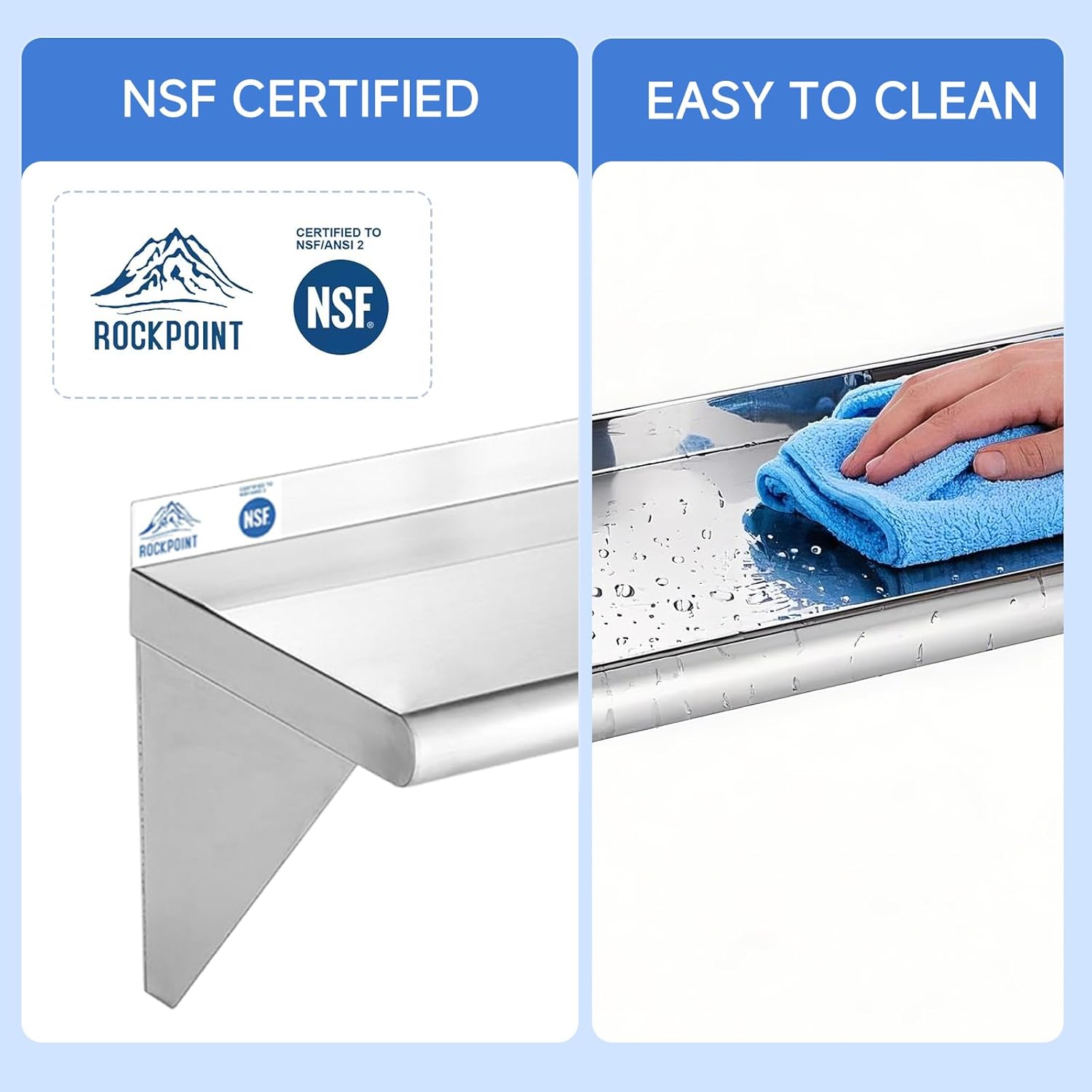 ROCKPOINT Stainless Steel Shelf 12 x 72 Inches 450lb, 2 Pack NSF Commercial Wall Mount Floating Shelving with Backsplash for Restaurant, Kitchen, Home and Hotel, Silver