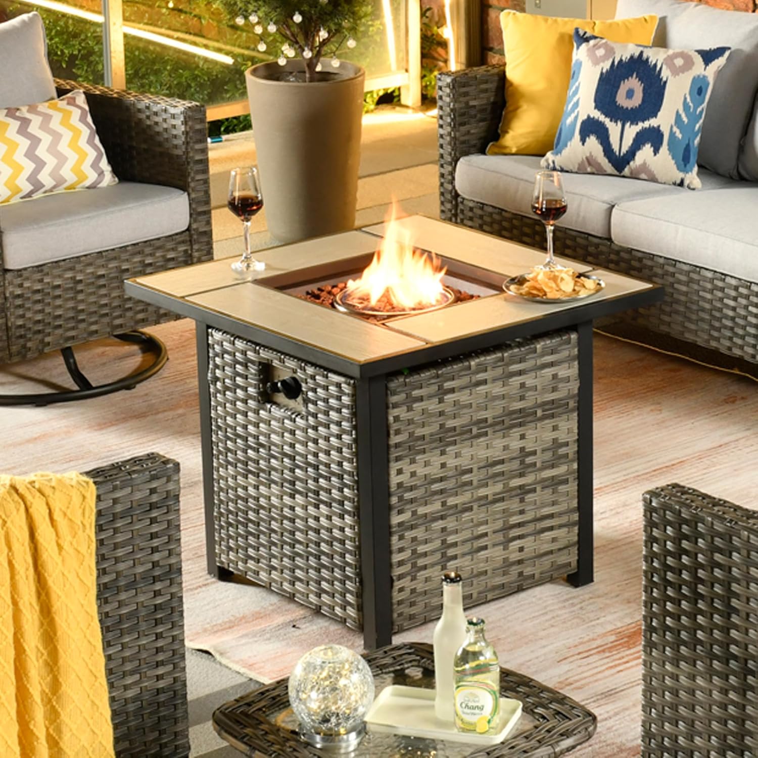 HOOOWOOO Square Outdoor Fire Table 50,000 Patio Fire Pit Table Propane Outside Firepit for Matching Gray Wicker Outdoor Furniture Set