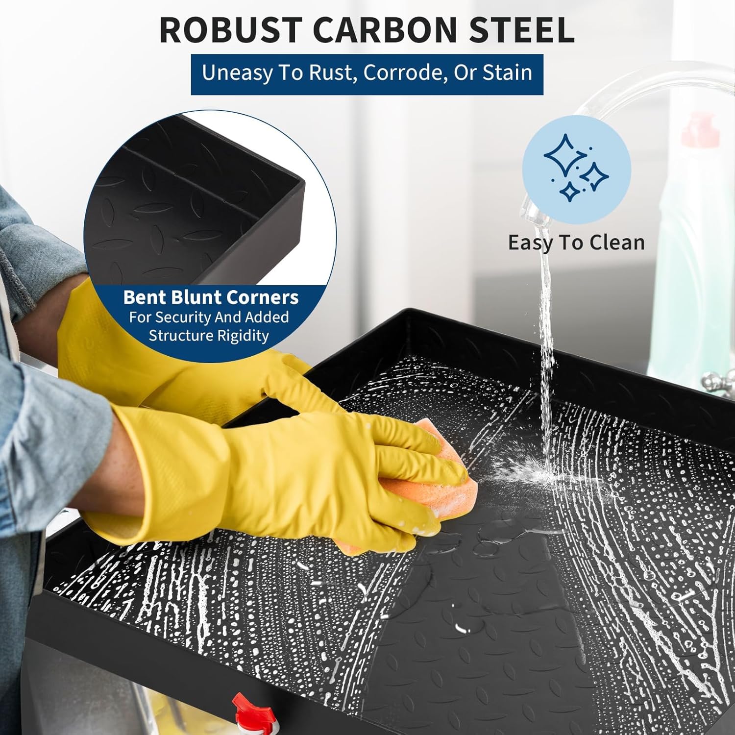 GarveeTech 2025 NEW Heavy-Duty Carbon Steel Washing Machine Pan with Connector & Hole - 27 in x 25 in × 2 in Rust-Free Water, with 4 Anti-Vibration Feet, Protects Floor From Water Damage Protection