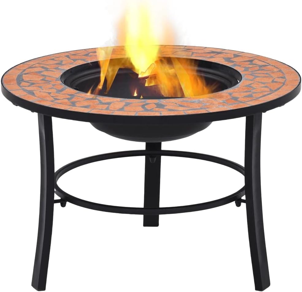 Mosaic Fire Pit Terracotta Steel Fire Pit Bowl with Grid and Tabletop for Outdoor Heating and BBQ Use 26.8