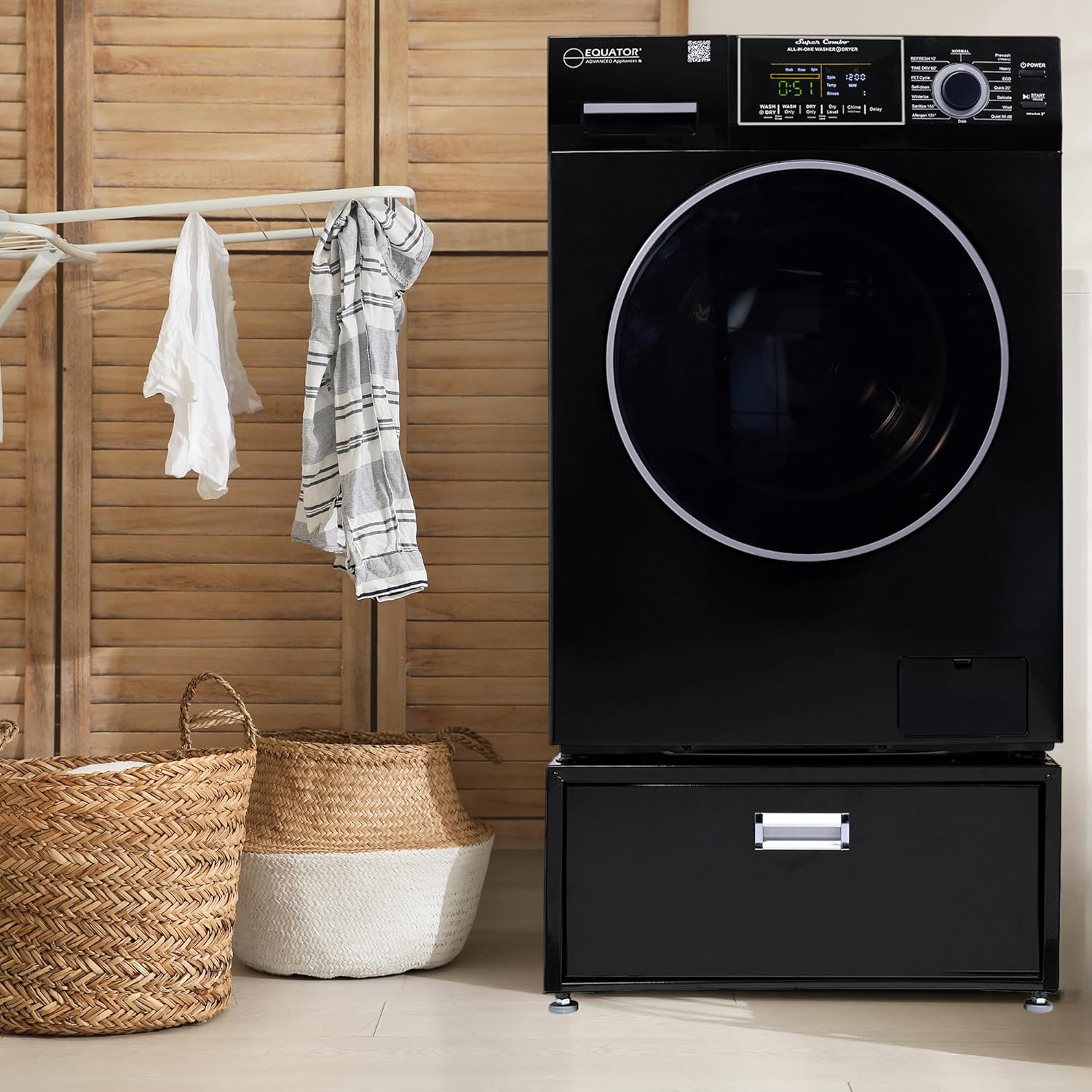 Equator All-in-one Washer Dryer Ventless FULLY BUILTIN 0-CLEARANCE 1.62cf/15lbs 110V 1400RPM with Pedestal + ADA (Black)