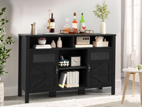 YITAHOME 55'' Farmhouse Buffet Cabinet with Storage, Large Sideboard Cabinet with 2 Doors & Open Storage, Versatile Coffee Bar Table for Kitchen & Living Room (Black)