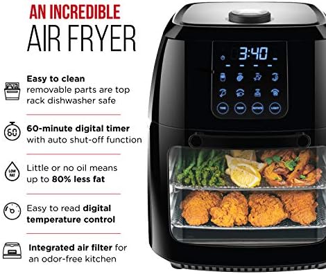 Chefman Compact 6.3-Qt 4-In-1 Digital Air Fryer+, Rotisserie, Dehydrator, Convection Oven, XL Family Size, 8 Touch Screen Presets, BPA-Free, Auto Shutoff, Accessories Included, Black