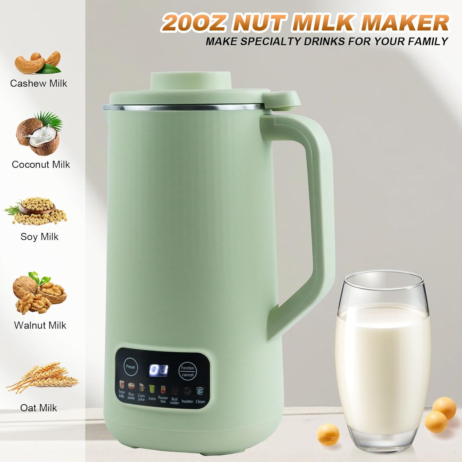 Automatic Nut Milk Maker Blender, 800ml Homemade Soy, Almond, Oat, Coconut, Plant Based and Non Dairy Beverages with LED Display (Green)
