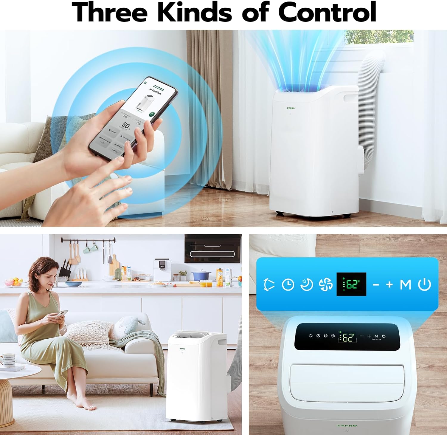 ZAFRO 14,000 BTU (10000 BTU SACC) Portable Air Conditioners with WiFi APP Control, 46dB, R32 Eco-Friendly,Fast Cooling in 30s, No Drainage Needed, Filter Cleaning Reminder, 360° Wheels for Home/Office
