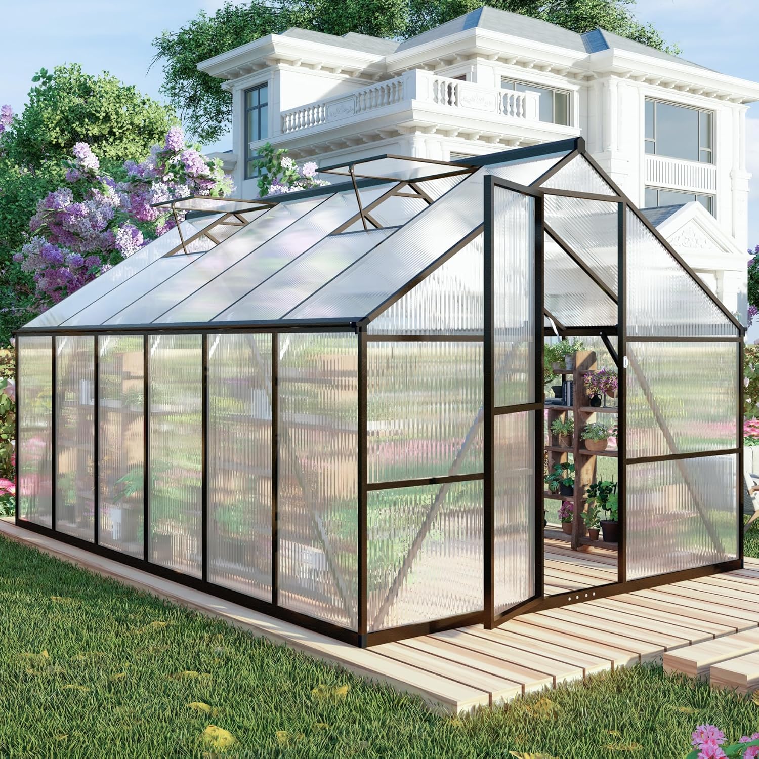 8x12 FT Greenhouses for Outdoors, Polycarbonate Greenhouse with PC Panels, Greenhouses for Outdoors for Yard, Garden, Hobby, Dark Grey