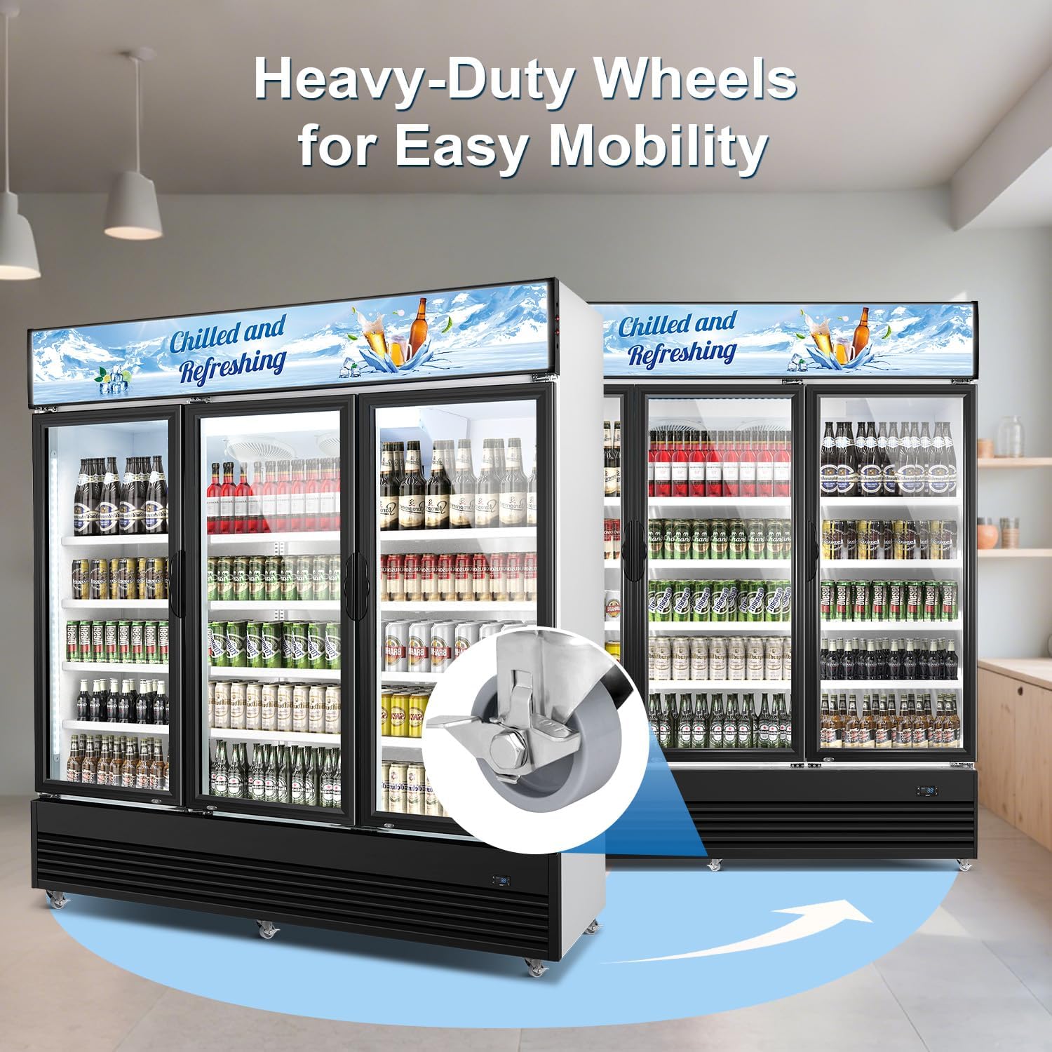 Tylza Commercial Refrigerator, Three Glass Door Display Beverage Fridge, 59.06 Cu Ft Upright Beverage Cooler Merchandiser with Replaceable Advertising Light Board, Rebound Door, Fast Cooling