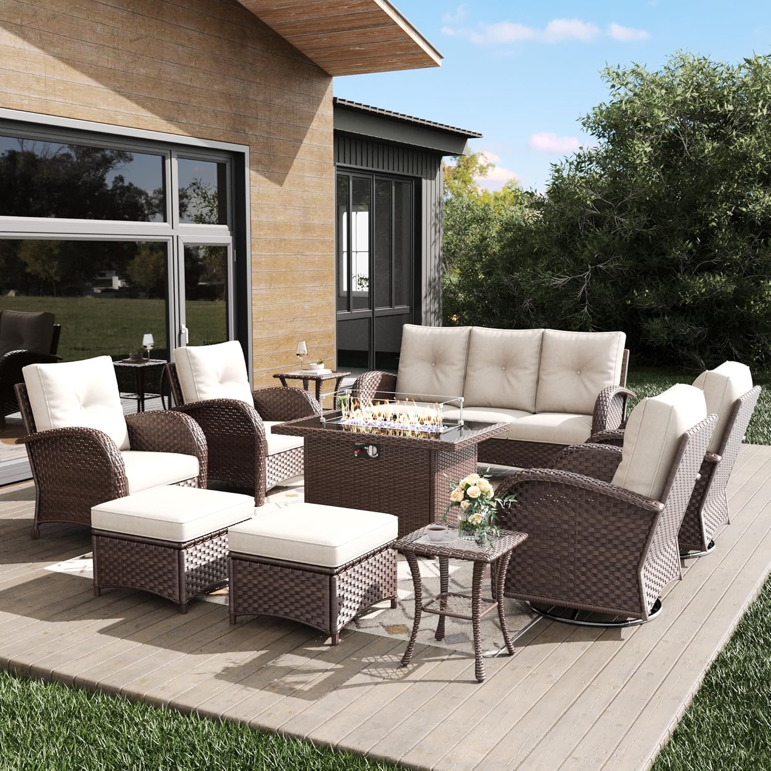 Outdoor Patio Furniture Sets with Fire Pit Table 10 Pieces Wicker Swivel Rocker Chairs and Sofa Sets for Backyard Deck