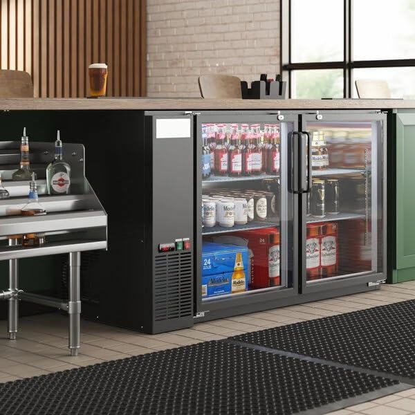 60-Inch Black Glass Door Back Bar Refrigerator, LED Lighting, Galvanized Steel Top, 2-Door Commercial Beverage Cooler, 33-40°F, 17.3 Cu. Ft.
