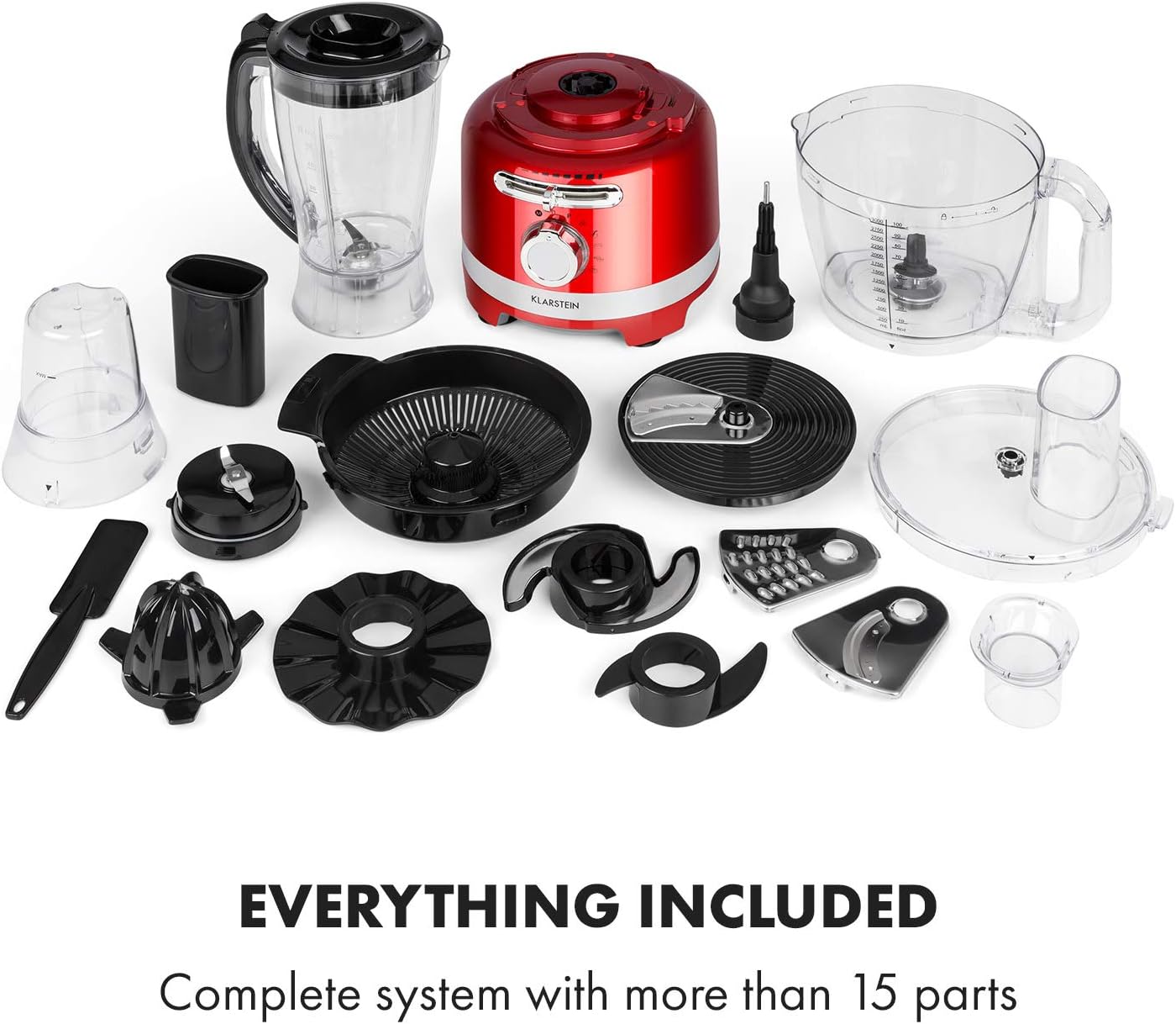 Klarstein Luca Multi-Function Mixer Blender Chopper Kitchen Grater Juicer Food Processor, 1000 Watt, Stepless, 6 Levels, BPA Free, 3 Litres, 3 L Measuring Cup, Spatula, Red