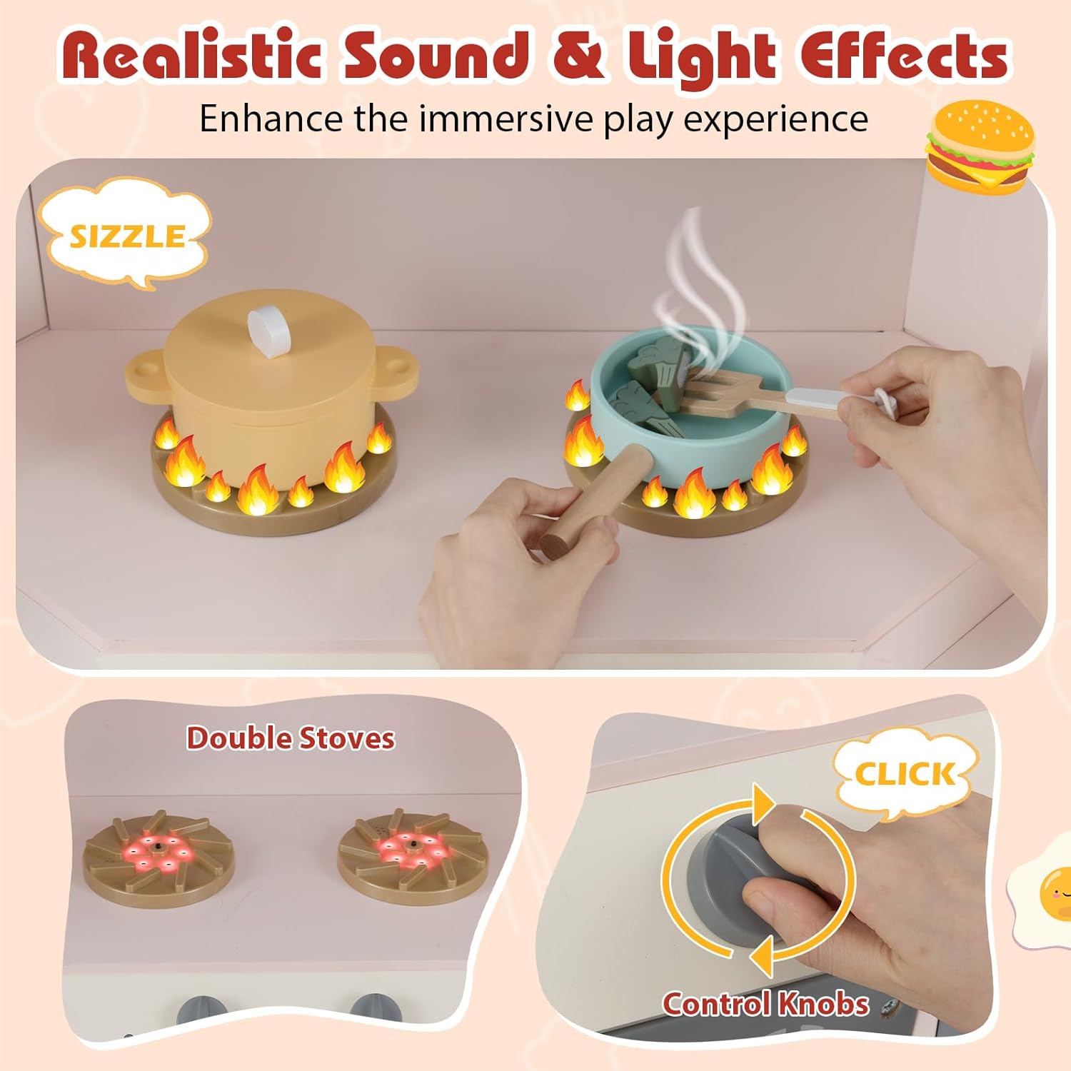 Costzon Corner Play Kitchen, Large Pretend Play Kitchen w/Real Light & Sound, Pull-Out Trash Can, Stoves, Microwave, Oven, Washer, Little Chef Wooden Kitchen Playset for Kids 3+ Years Old (Pink)