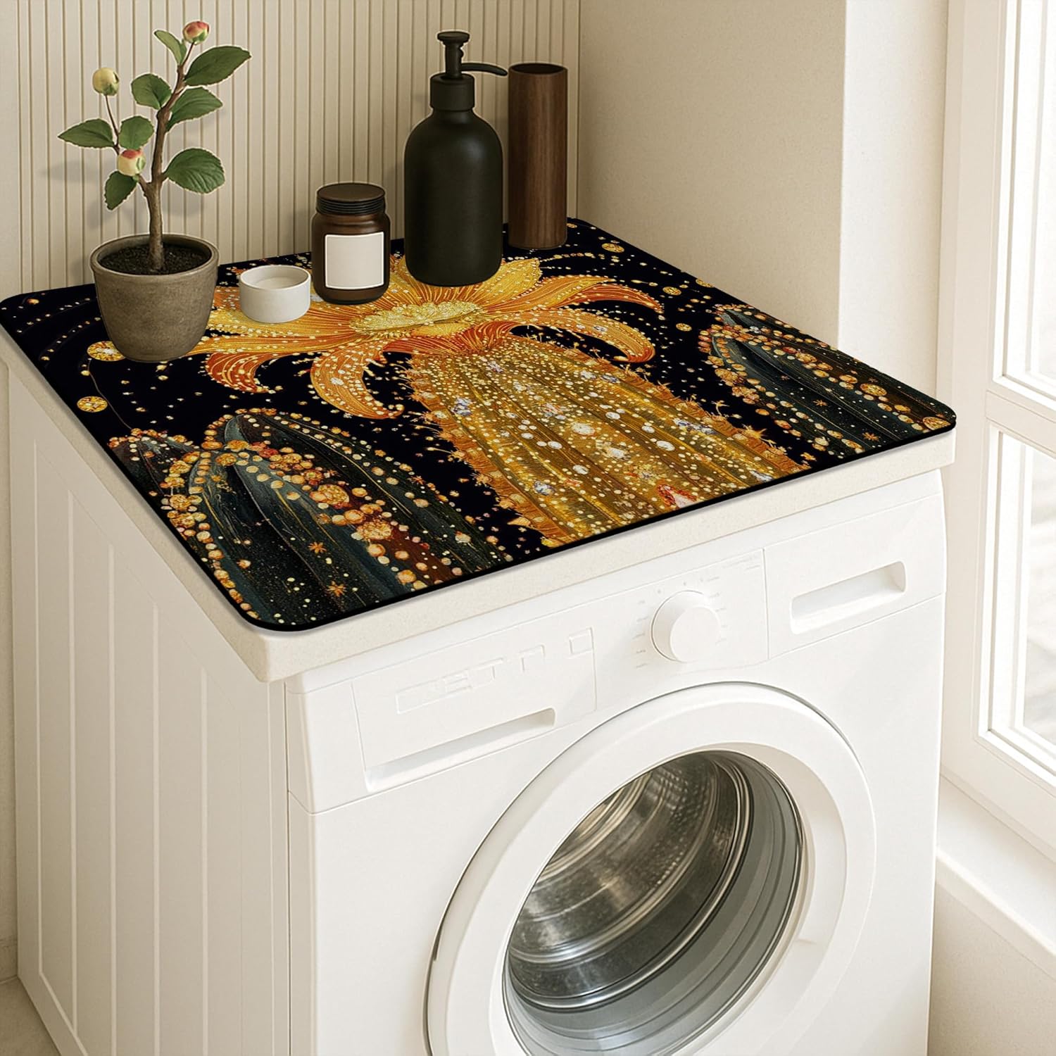 Cactus Washer Dryer Top Protector Mat, Vibrant Desert Floral Laundry Machine Dust Covers, Spring Rubber Anti-slip Waterproof Washer And Dryer Mats for Laundry Room 24x24 Inch