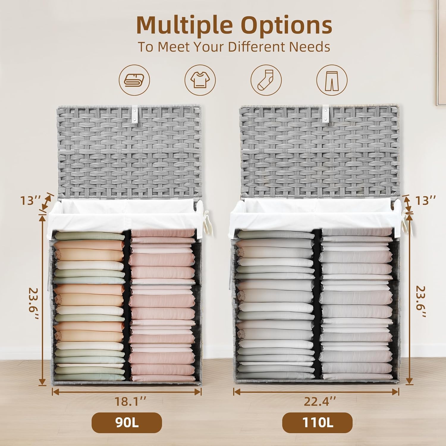 Woven Laundry Basket with Lid, Large Hamper with Removable and Machine-Washable Liner, Foldable Rattan Clothes Hamper, Sturdy Steel Frame, Odor Control, 90L Capacity, Dove Gray