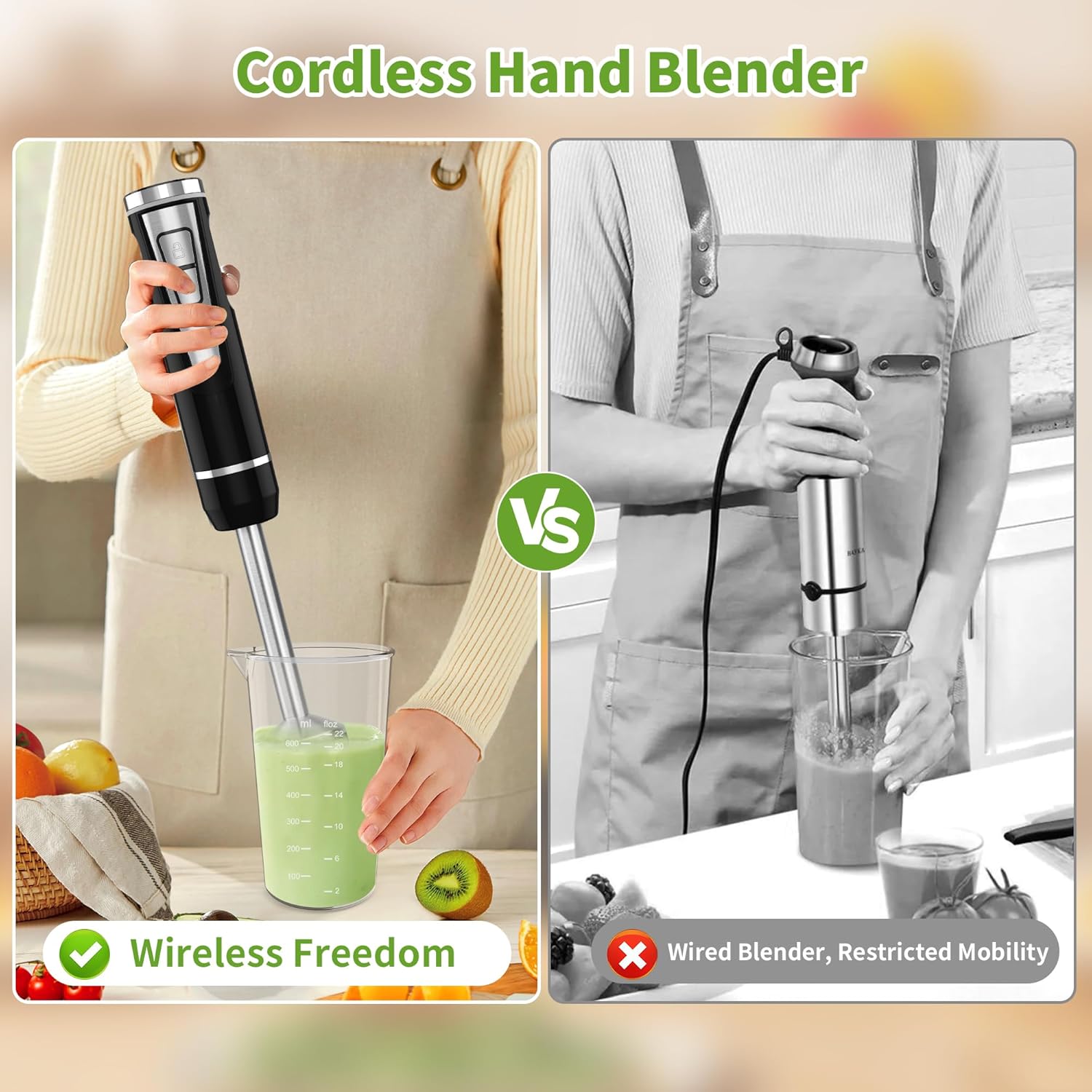 Cordless Immersion Blender Handheld: 4-in-1 Cordless Hand Blender with 500ml Chopper, 600ml Beaker, Egg Whisk, 8 Speeds Hand Stick with USB Rechargeable for Smoothies, Baby Food, Soup (Black)