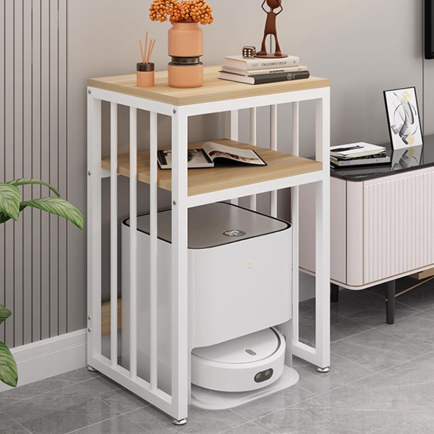 JKGHK Sweeping Robot Storage Stand Rack, 2-Tier Storage Robot Vacuum Stand Cabinet, Storage Cabinet with Foot Pad, Hidden Side Table Cabinet for Sweeping Robots(Natural)