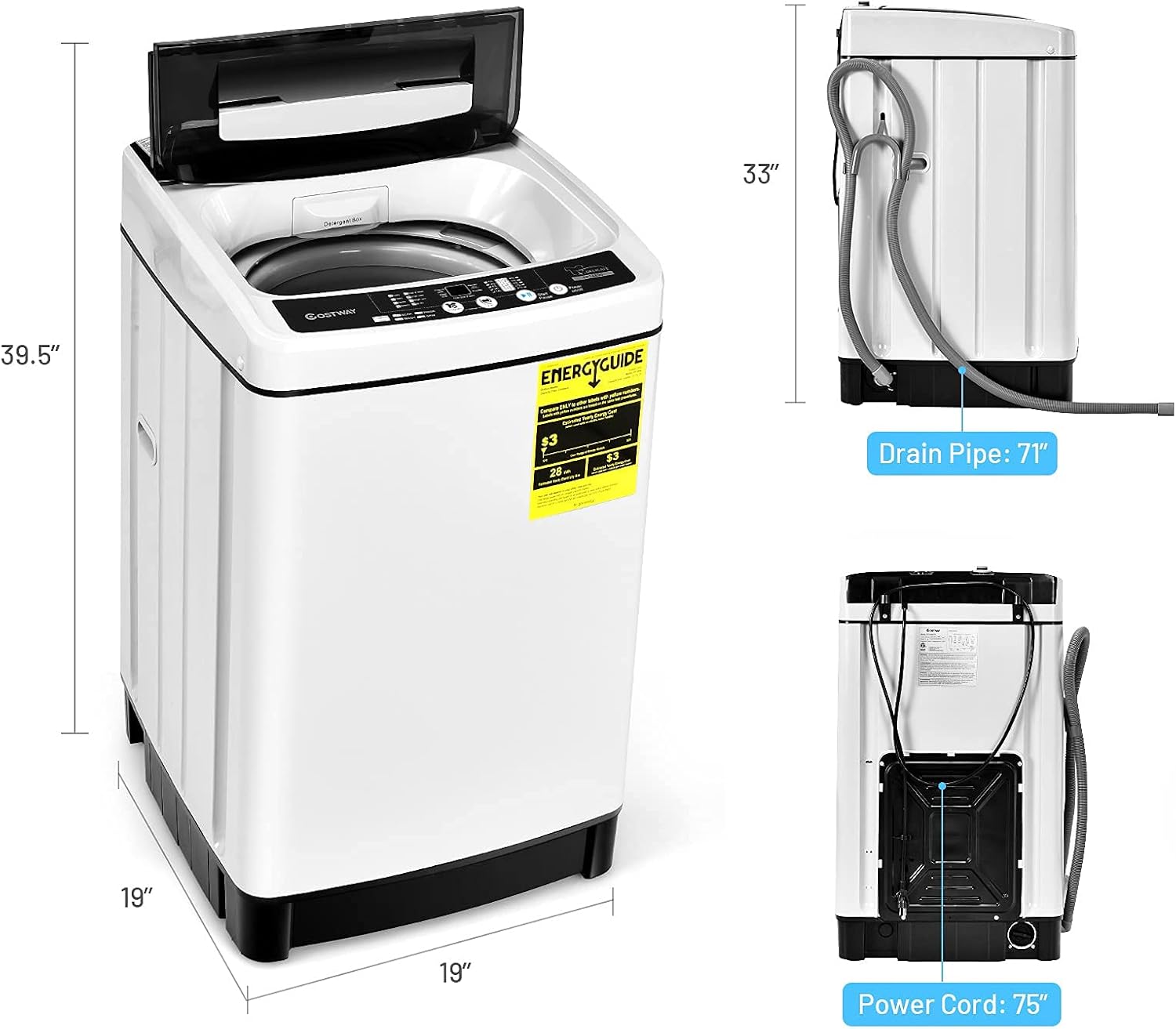 COSTWAY Portable Washing Machine, 11Lbs Capacity Full-automatic Washer with 8 Wash Programs, LED Display, 10 Water Levels, Compact Laundry Washer and Spinner Combo for Apartment Dorm, White