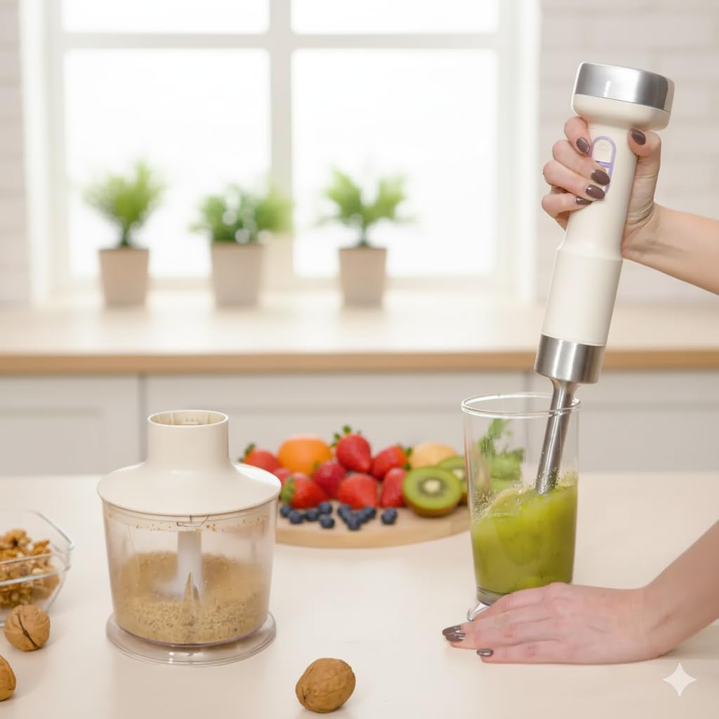 CARTMAN Cordless 3 In 1 Immersion Hand Blender with Removable Battery, with Stainless Steel Blade, Chopper, Whisk, for Soup, Juice, Outdoor Picnic,Variable Speed, Dishwasher-Safe