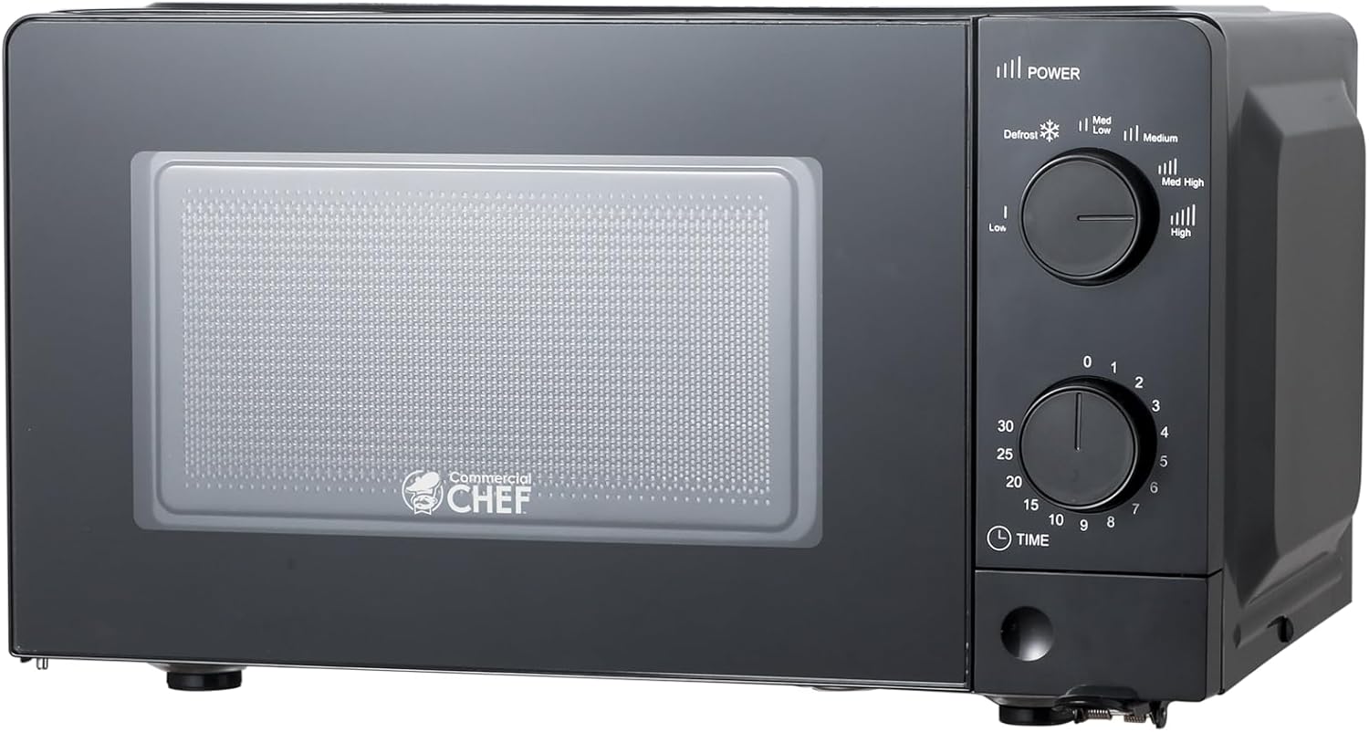 Commercial Chef 0.6 Cu. Ft. Countertop Microwave Oven, Mechanical Dial Controls, 700W, Pull Handle Door, 6 Power Levels, CHM660B, Black
