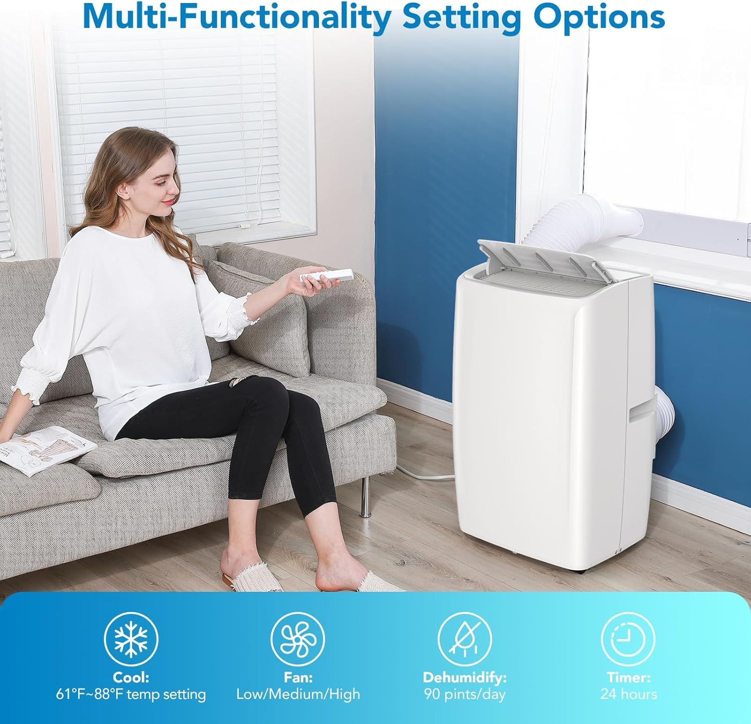 Portable Air Conditioner 14000BTU(ASHRAE) with Remote Control and 24H Timer, 3 IN 1 Low Noise Portable AC Unit with Dehumidifier and Fan, up to 750Sq. Ft. For Bedroom, Living Room, Office