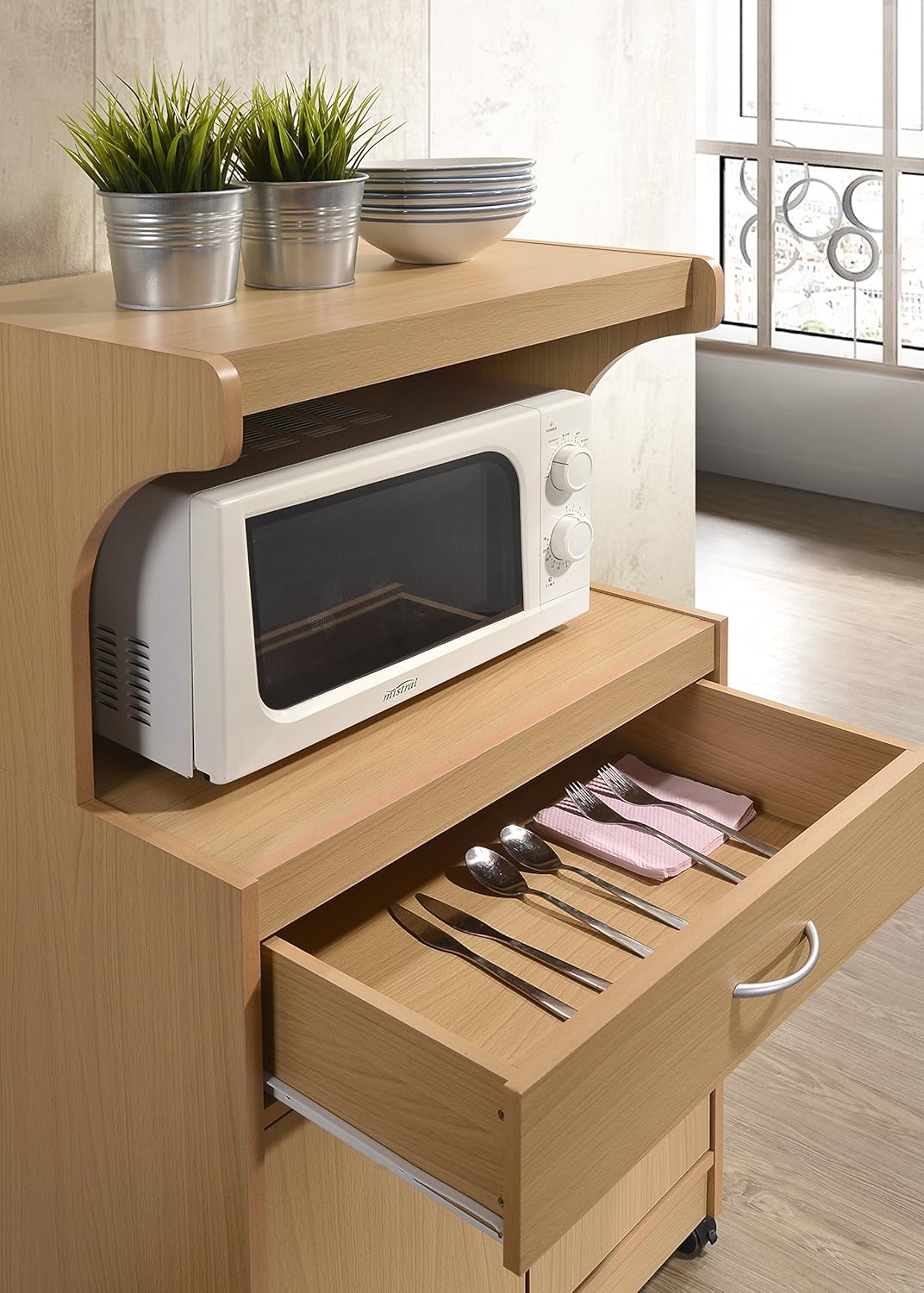 HODEDAH IMPORT Microwave Kitchen Cart, Beech.