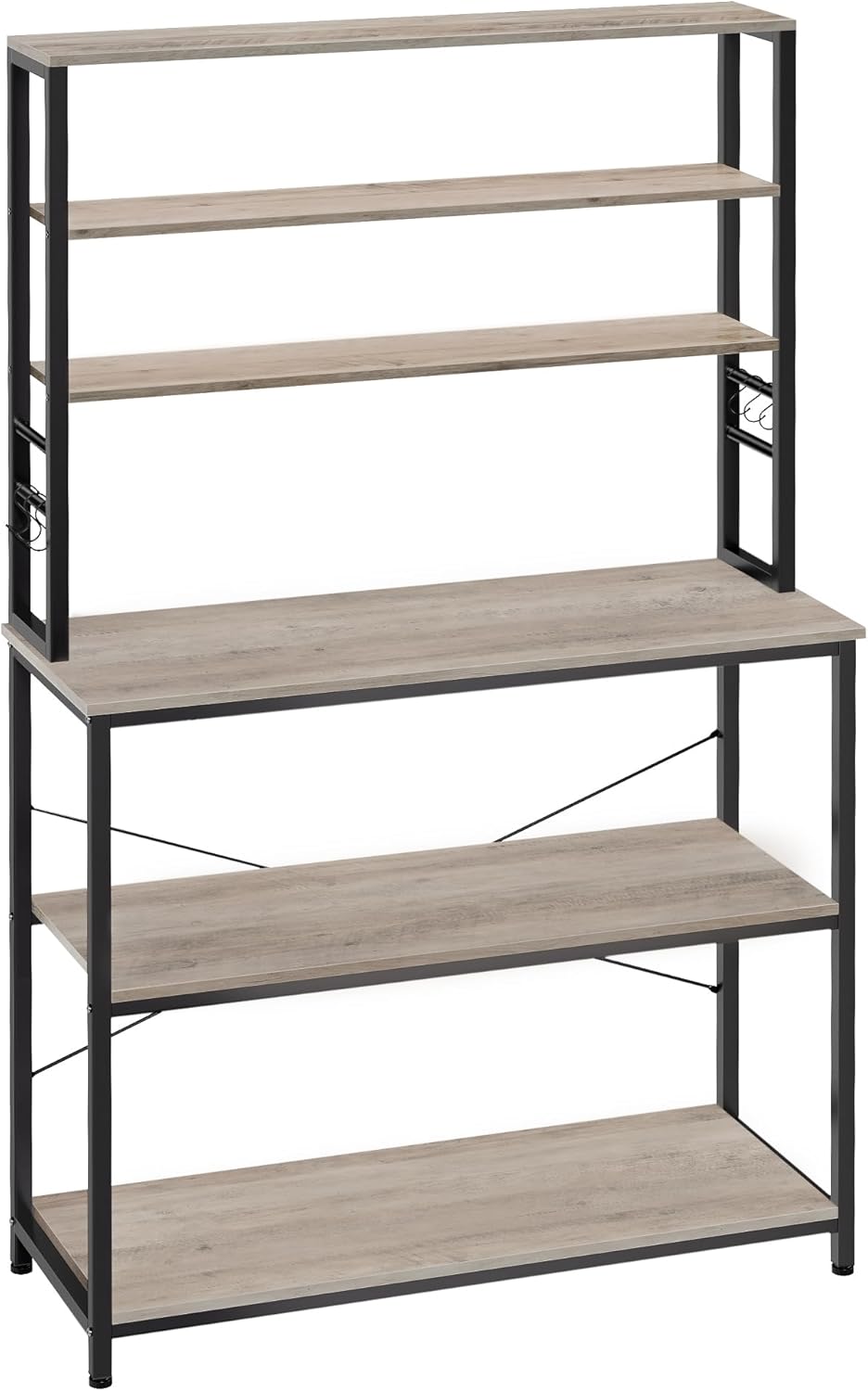 VASAGLE Coffee Bar, 39.4 Inches Baker's Rack for Kitchen with Storage, 6-Tier Kitchen Shelves with 6 Hooks, Microwave Stand, Industrial, Heather Greige and Ink Black UKKS039K02