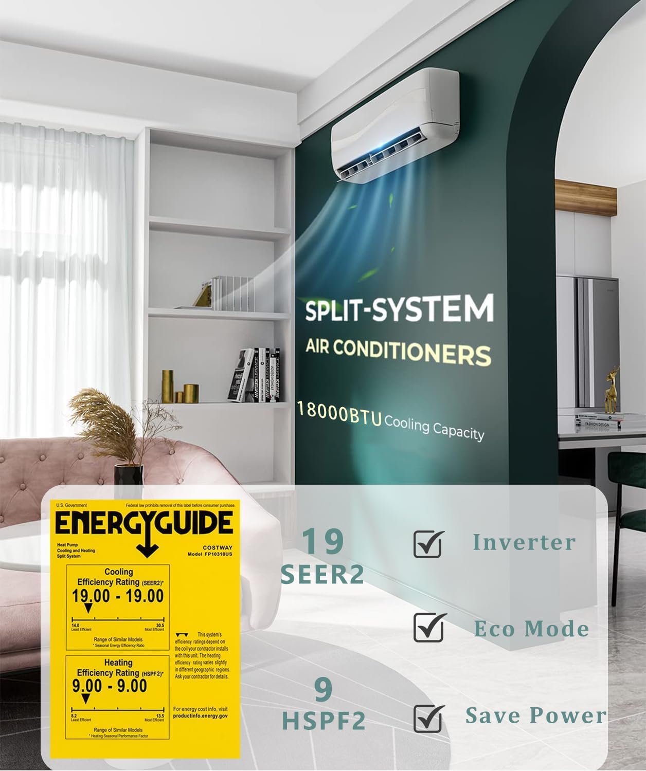 SIMOE MINI Split Air Conditioner & Heating System, 18000BTU, 19 SEER Wall-Mounted Ductless AC Unit with 1.5Ton Heat Pump, 208-230V, Pre-charged Inverter System Cools up to 1250 Sq.Ft