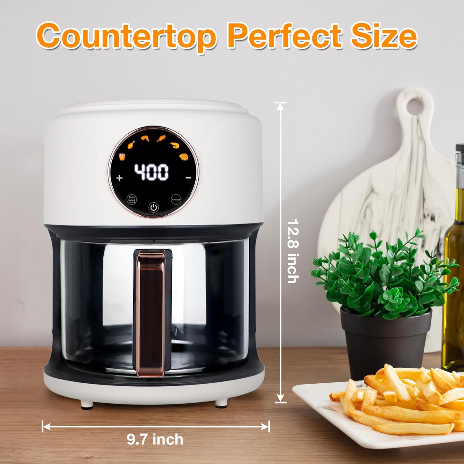4.7QT Glass Air Fryer, 360° Viewable Glass Air Fryer Non Toxic, 6-IN-1 Preset Cook Modes, Digital Display, Adjustable Temp 100F - 400F, Nonstick, Dishwasher Safe, White